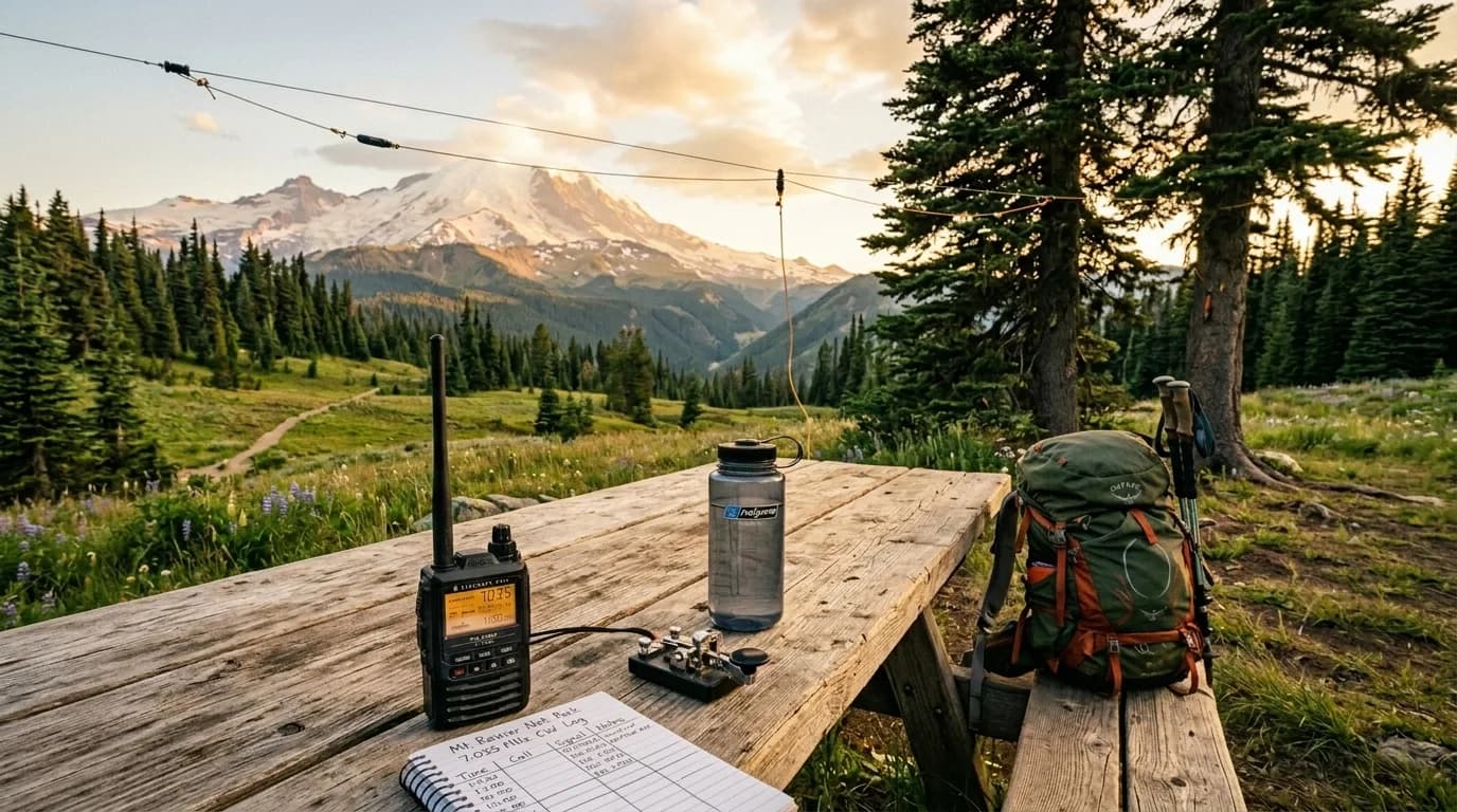 Handheld ham radio and portable antenna set up on a picnic table at a state park