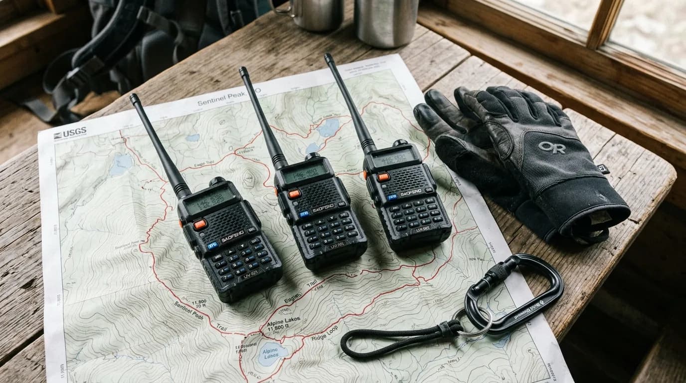 Three budget handheld ham radios laid out on a trail map next to hiking gear
