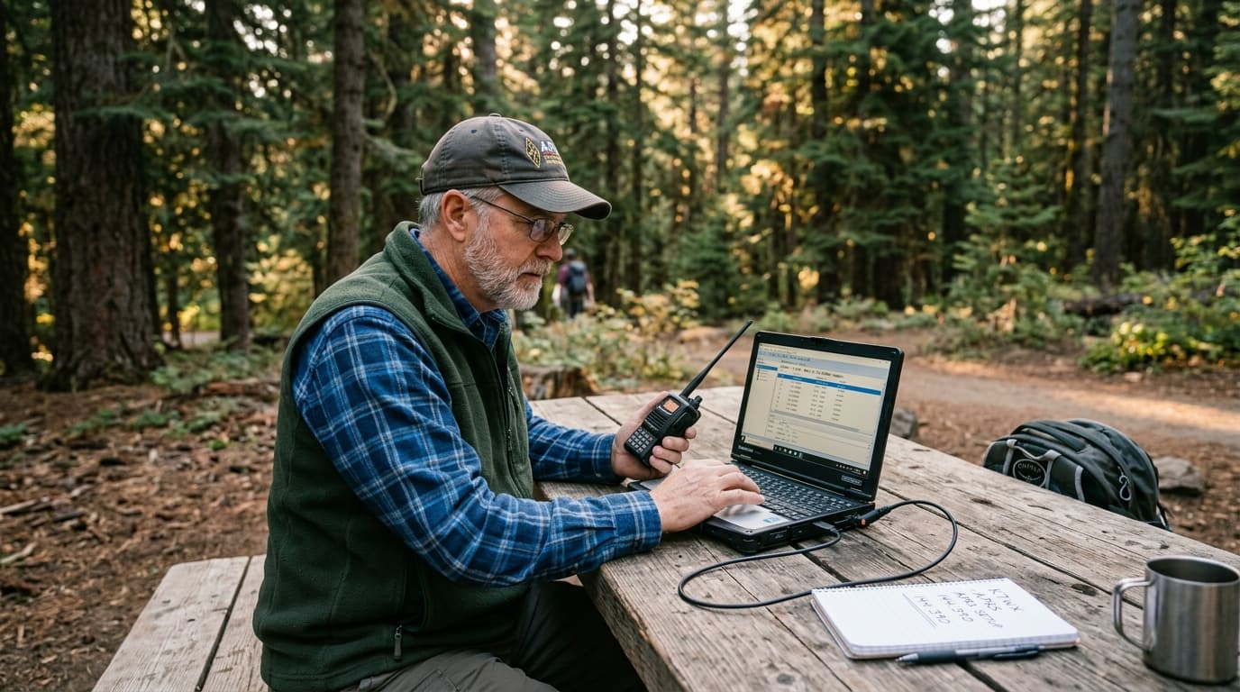 Ham radio operator programming a handheld radio at a picnic table in a national park