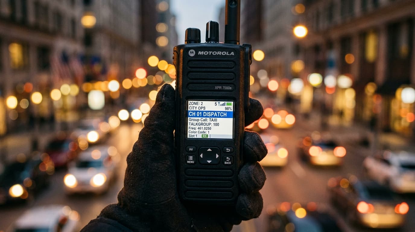 Close-up of a premium DMR handheld radio's color display showing channel information