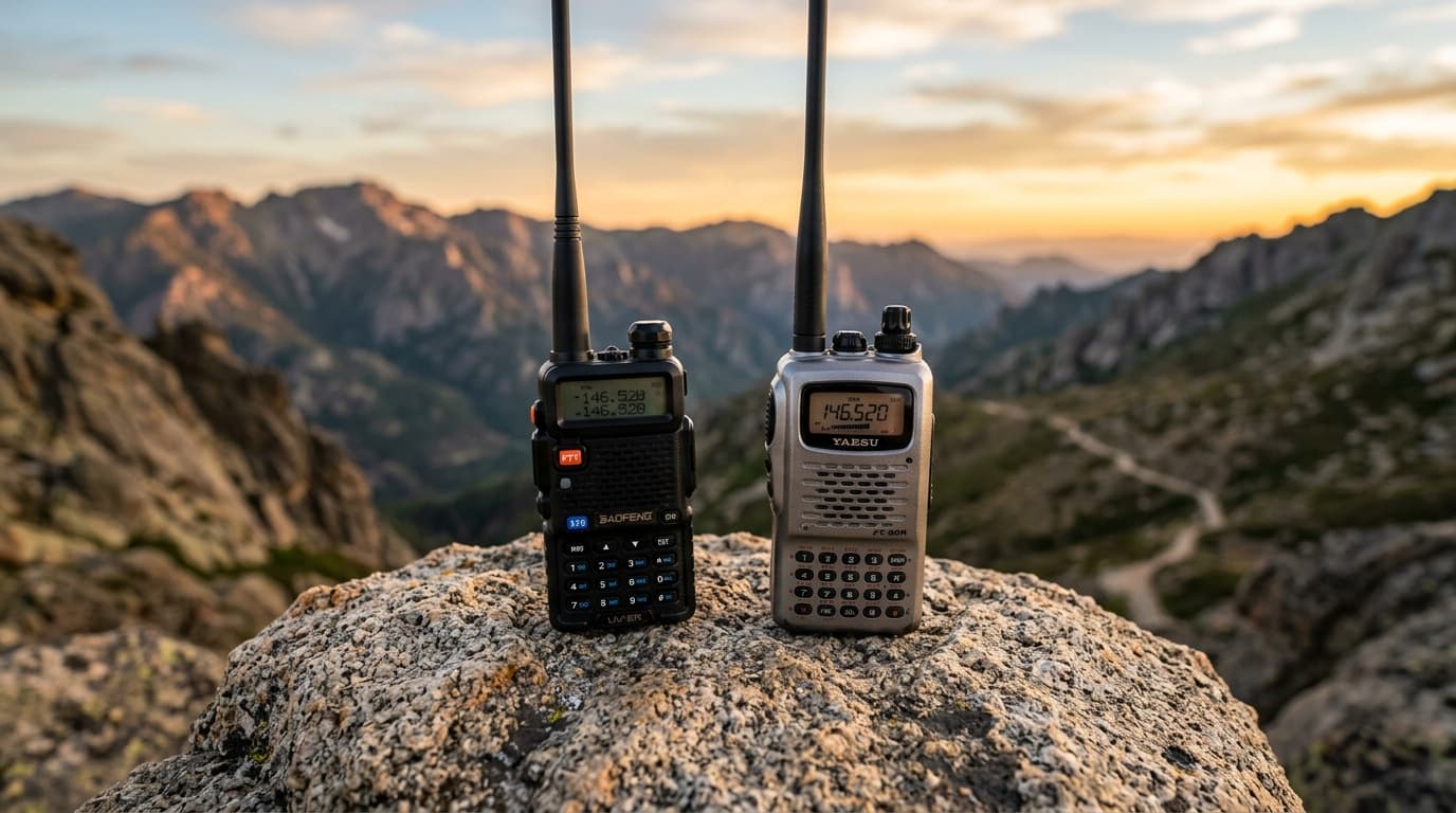 A budget Baofeng and a premium Yaesu handheld radio side by side on a granite rock with mountains behind