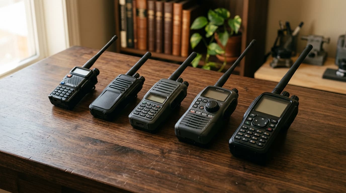 Collection of handheld ham radios arranged on a wooden table, ranging from budget Baofeng to premium Yaesu models