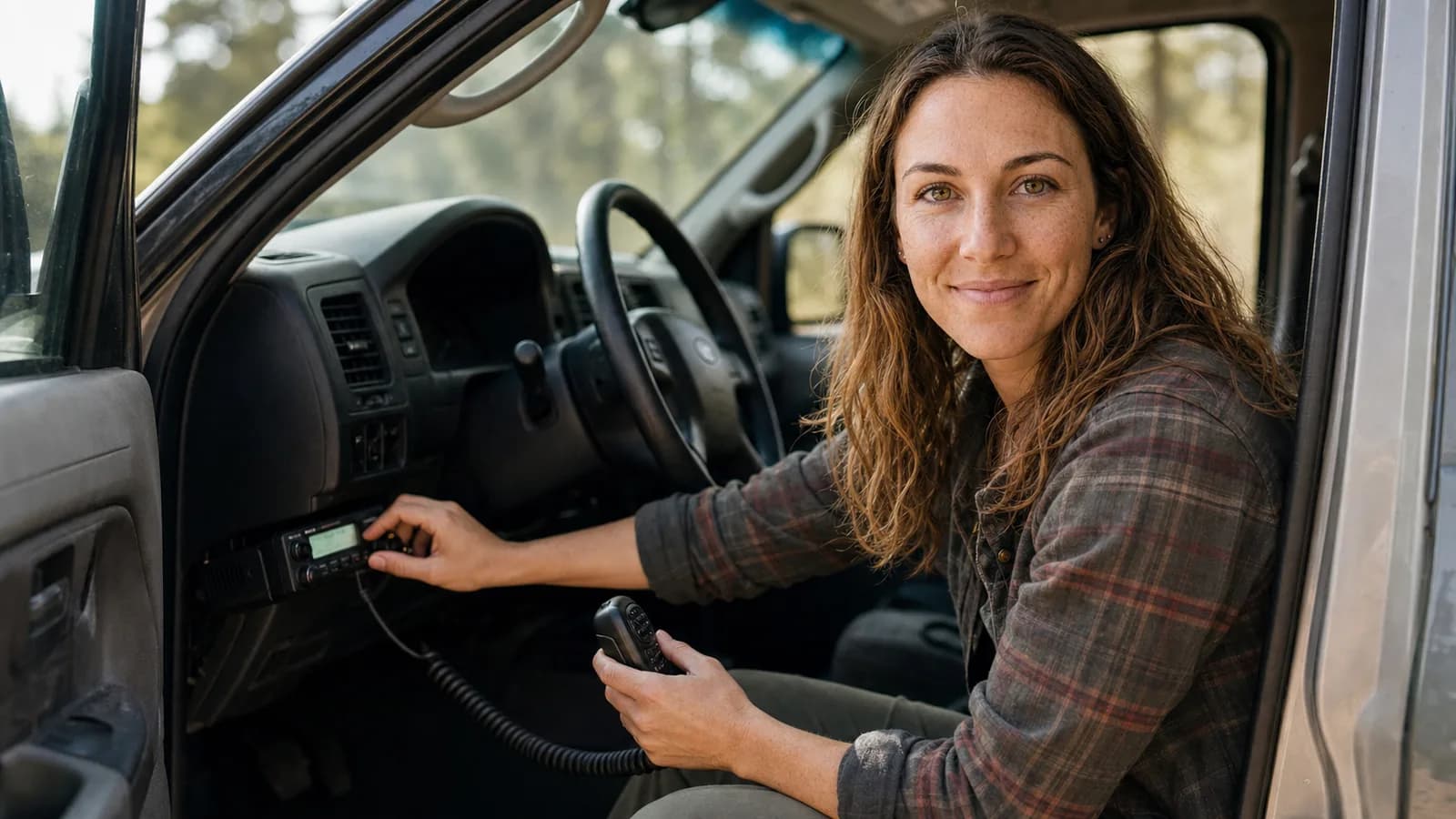 A ham operator fitting a mobile radio's detachable control head to a vehicle dashboard, microphone in hand