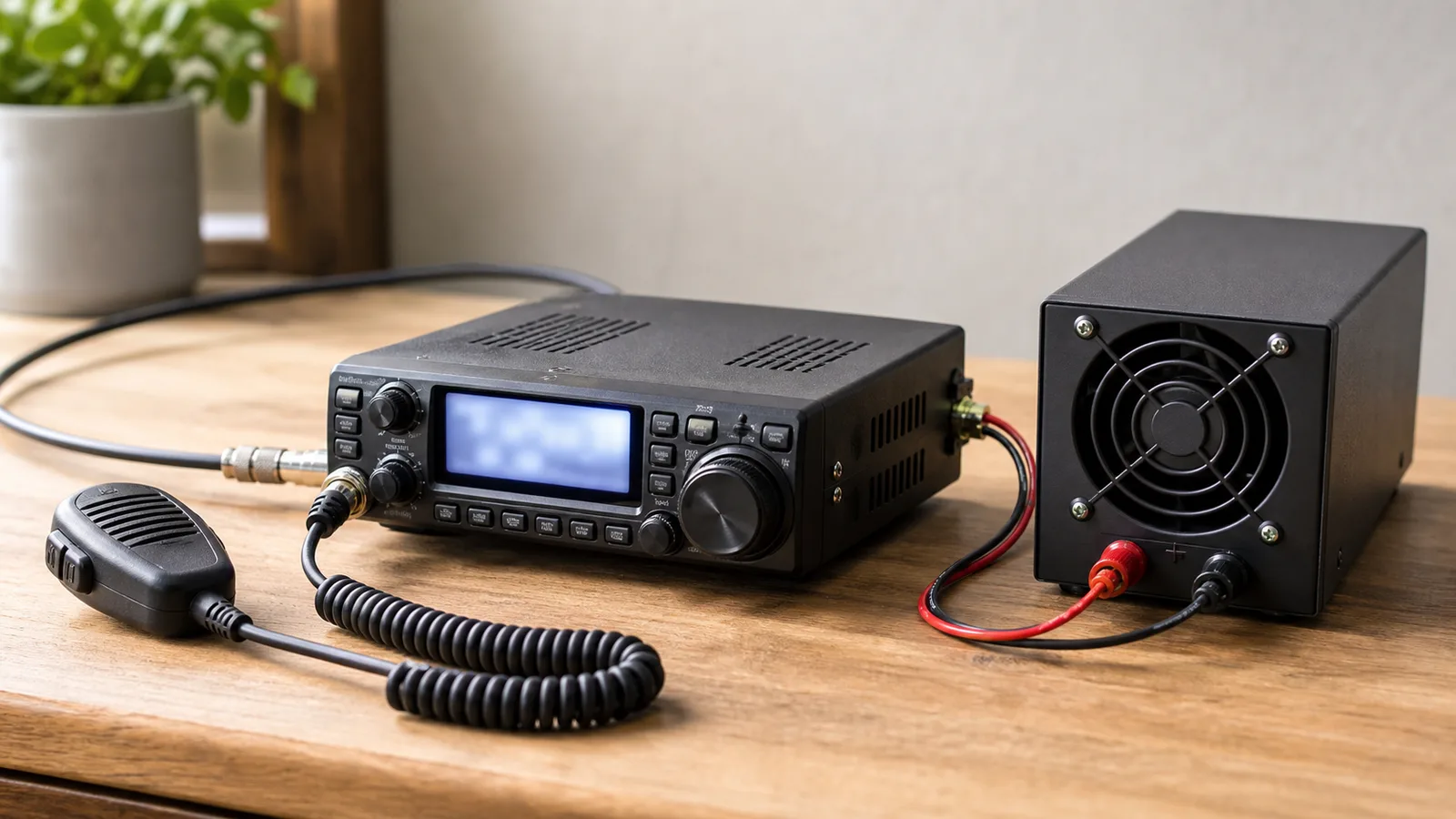 A mobile ham radio running as a base station on a desk, connected to a boxy 12-volt power supply with coax running to an antenna