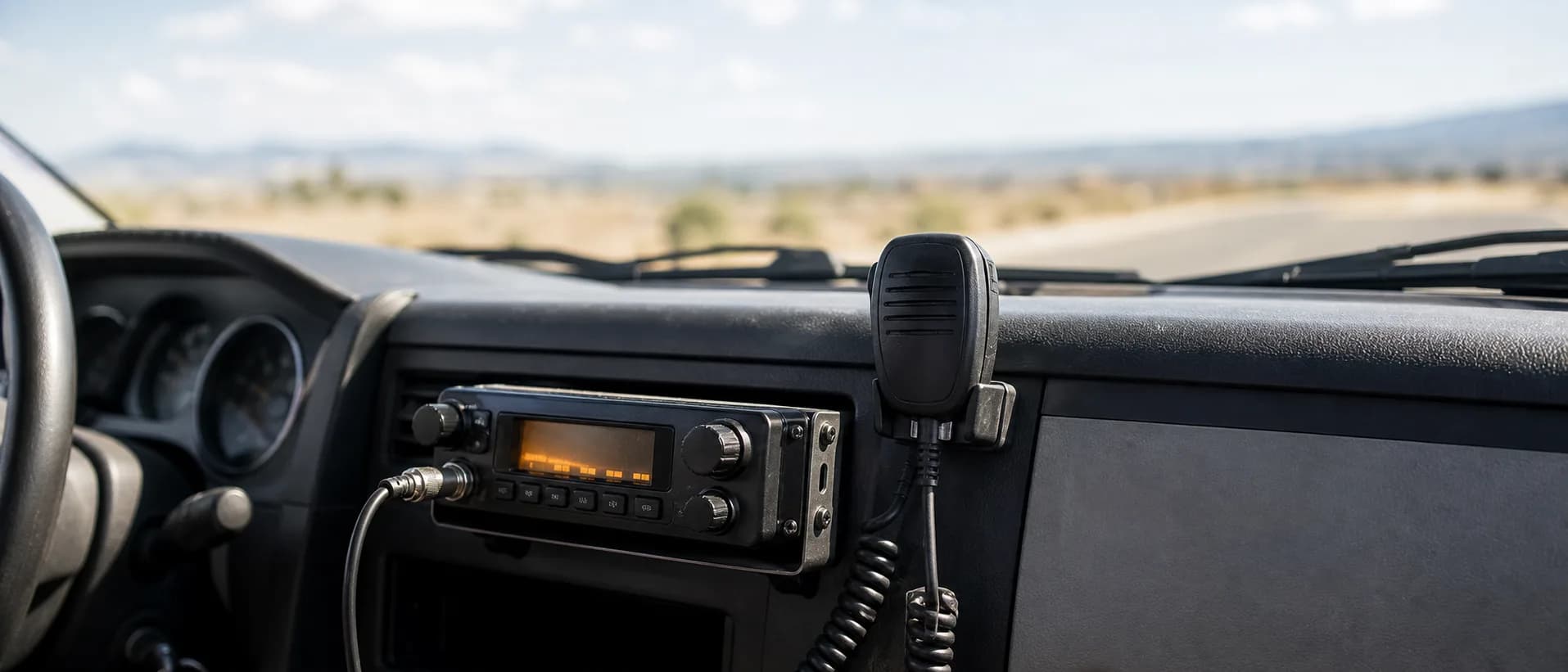 A dual-band mobile ham radio mounted in a vehicle dash with the display lit, a microphone clipped beside it
