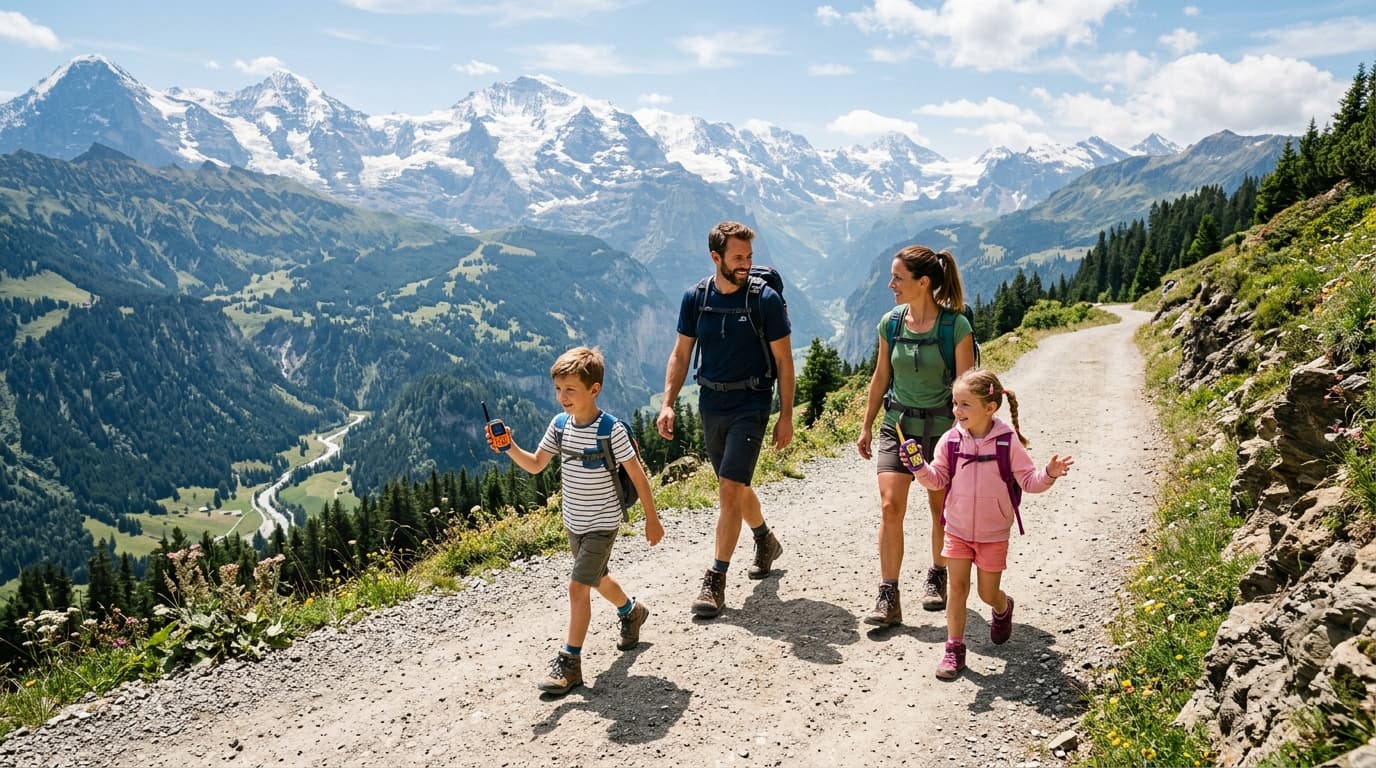 Family hiking with walkie-talkies on a mountain trail