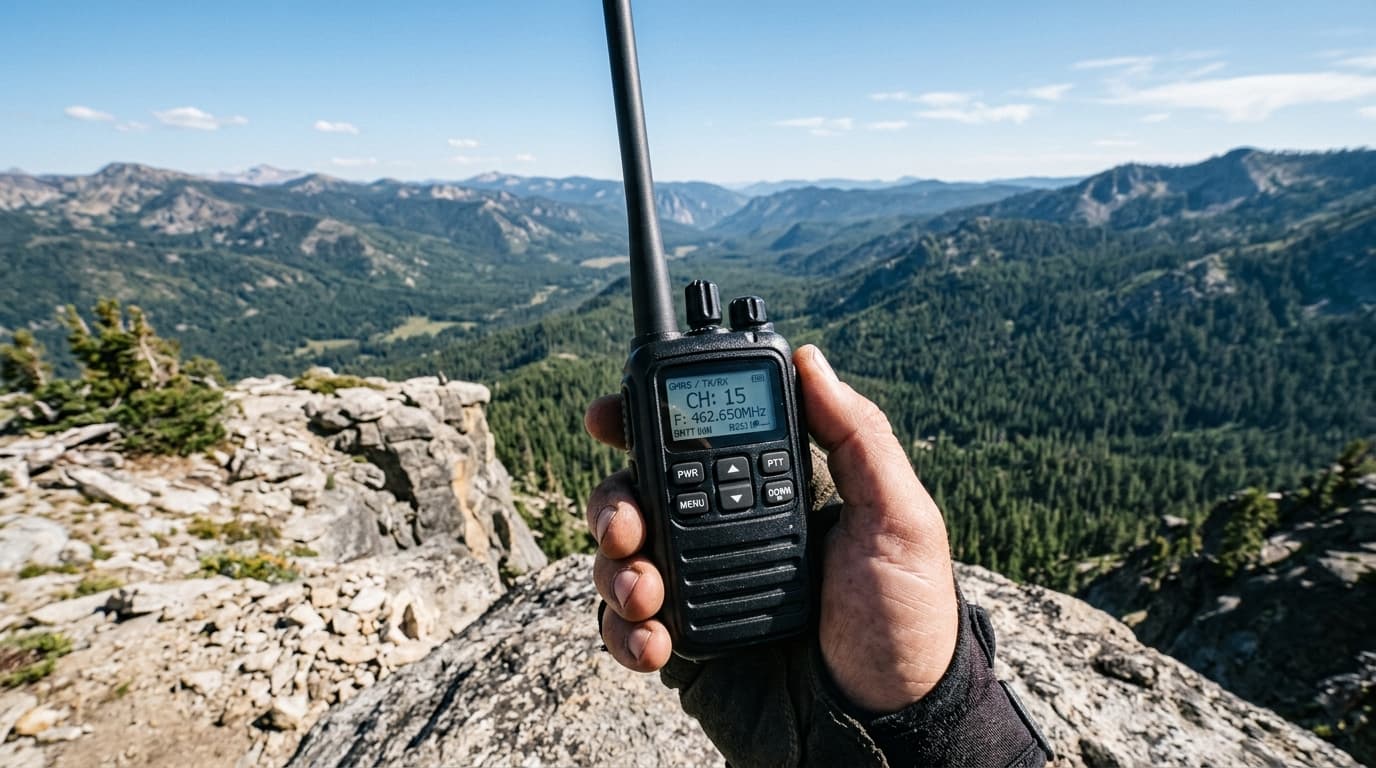 Hand holding a GMRS handheld radio on a mountain overlook