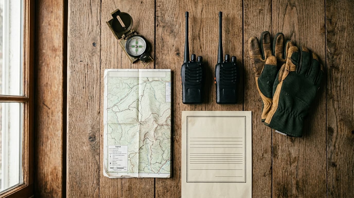 Flat lay of two radios, an FCC license, trail map, compass, and hiking gloves