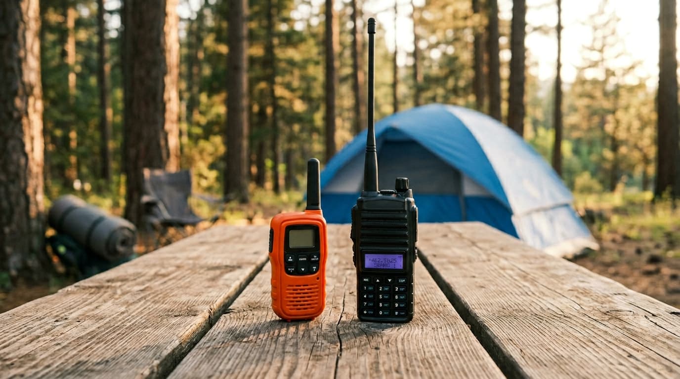 Two handheld radios side by side on an outdoor table, one a simple FRS walkie-talkie and one a more capable GMRS radio