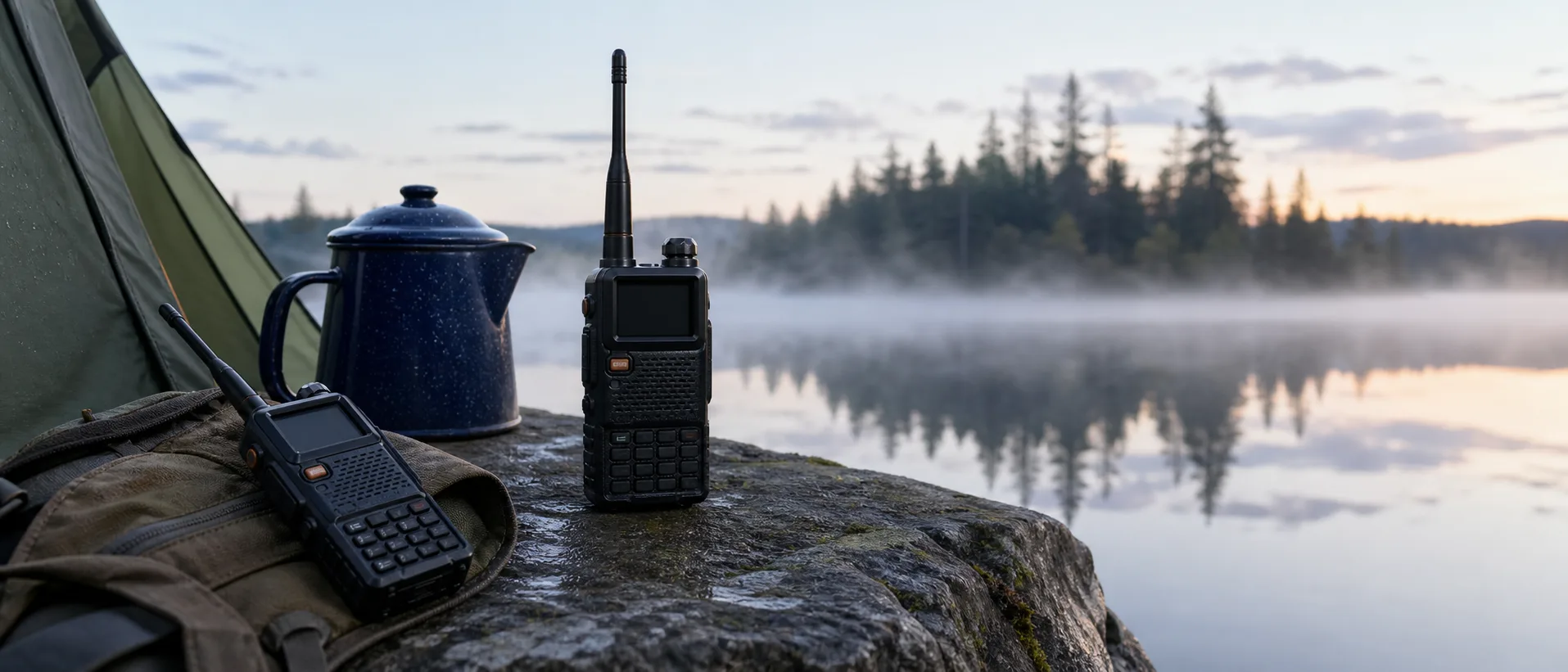 Two GMRS handheld radios resting on a rock at a misty lakeside campsite at first light, enamel kettle and tent behind