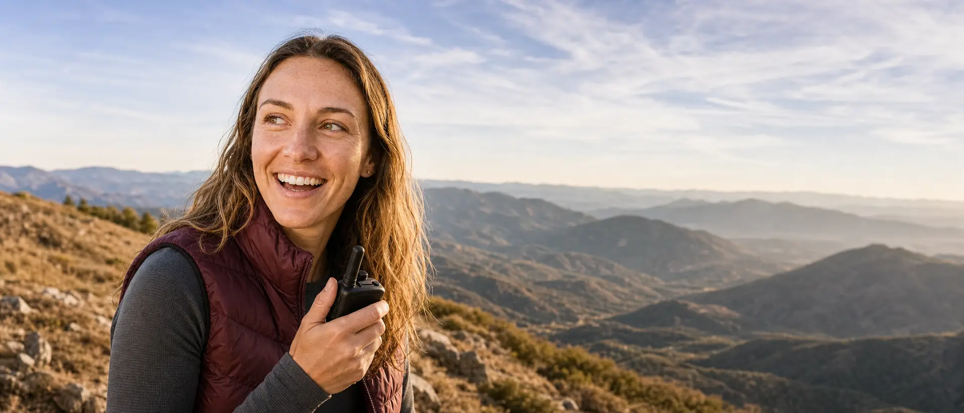 A handheld GMRS radio held up on an open ridge with a valley and distant hills behind