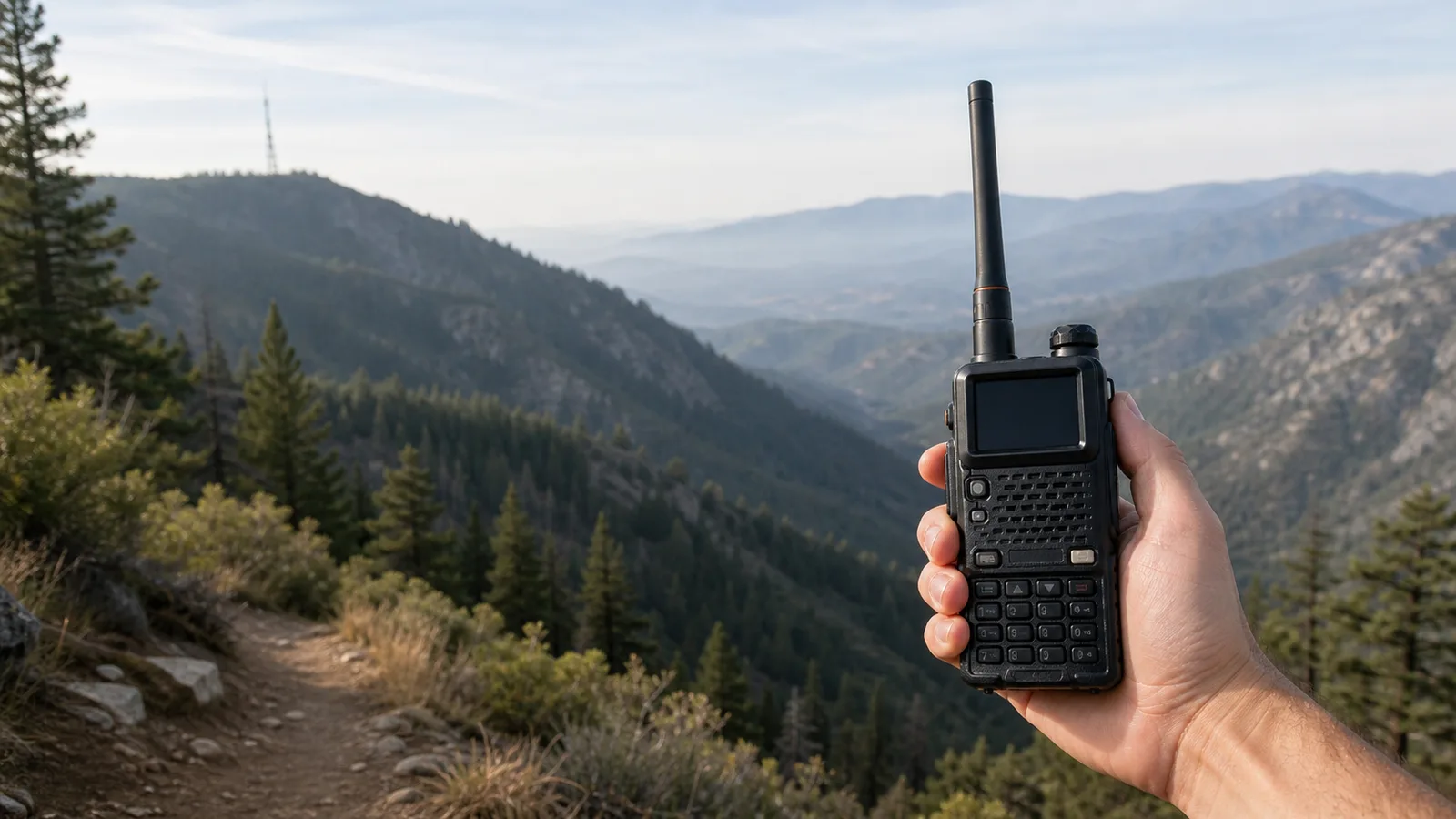 A handheld GMRS radio held in the foreground with a distant antenna tower on a ridge across the valley
