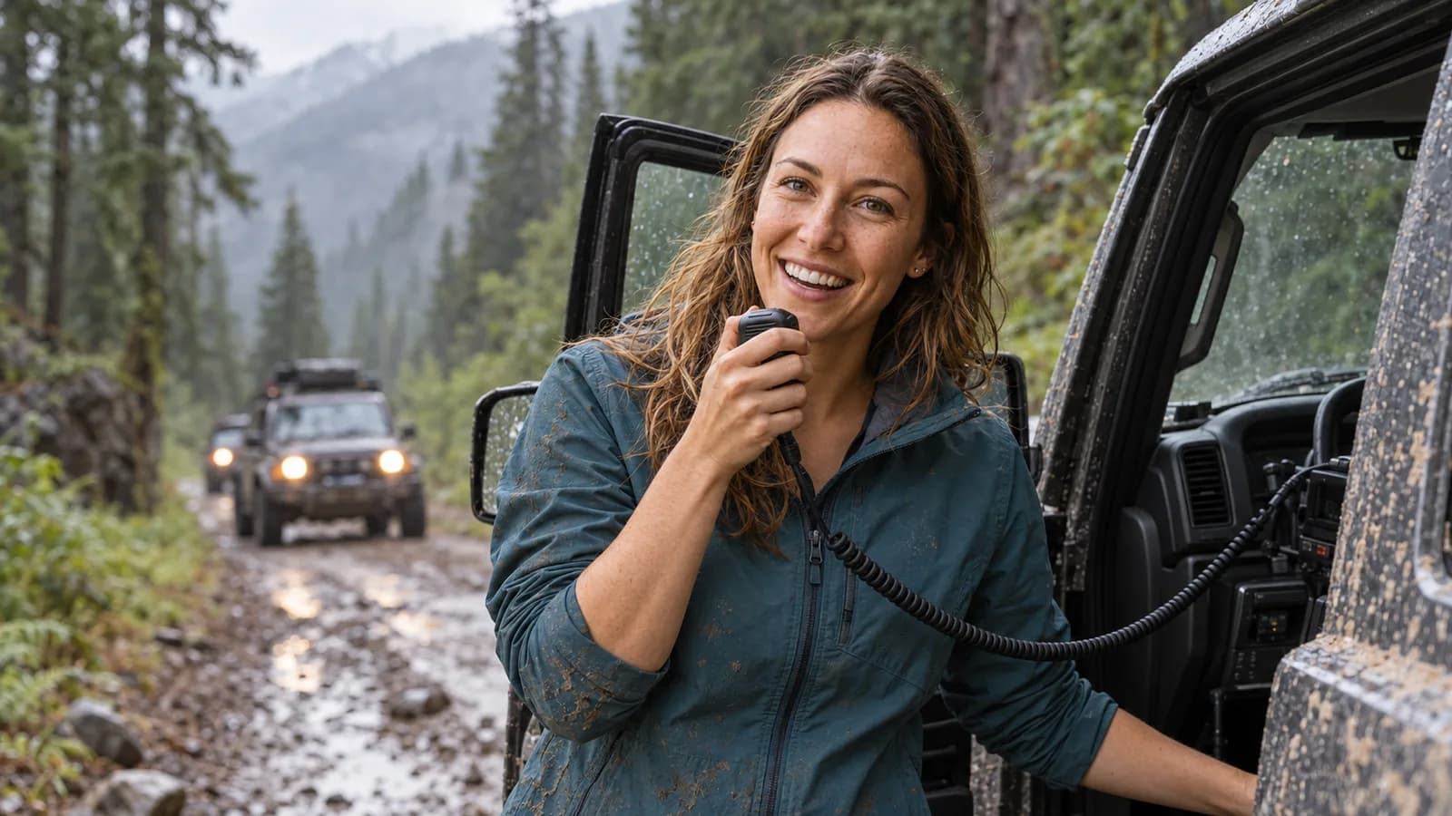 Jess Harmon at the open driver door of a muddy off-road SUV on a forest road, holding a mobile radio microphone, a second vehicle behind