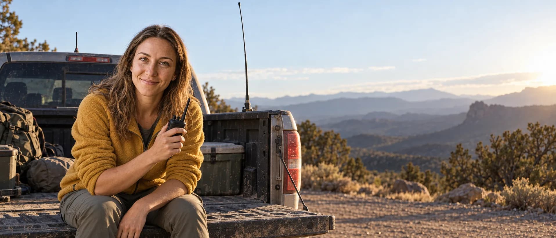 Jess Harmon on the open tailgate of a dusty pickup at a high-desert trailhead, a tall CB whip on the bed rail and a short GMRS antenna on the cab roof