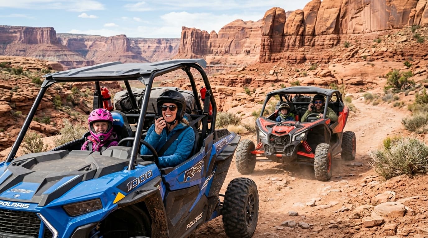 Family using GMRS radios on an off-road trail