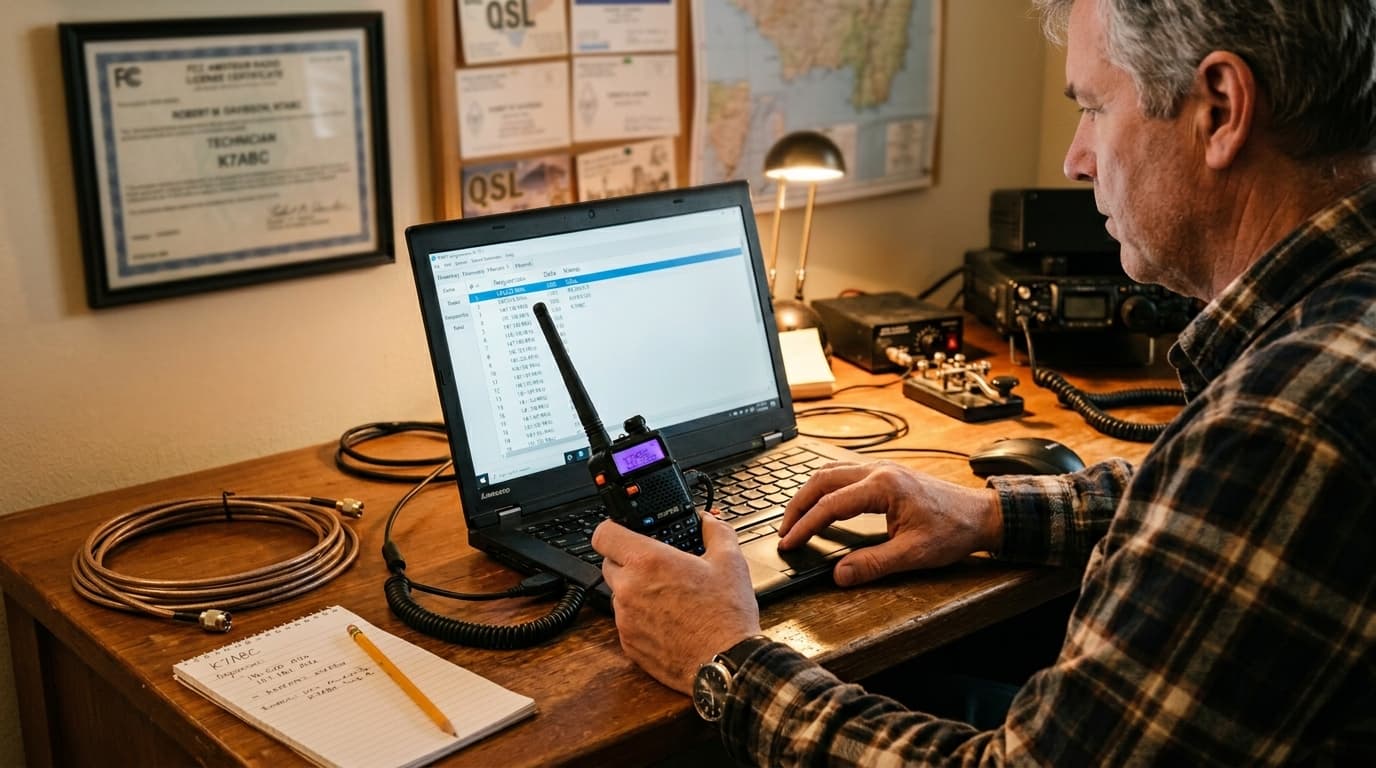 Ham radio operator programming a handheld radio with CHIRP on a laptop