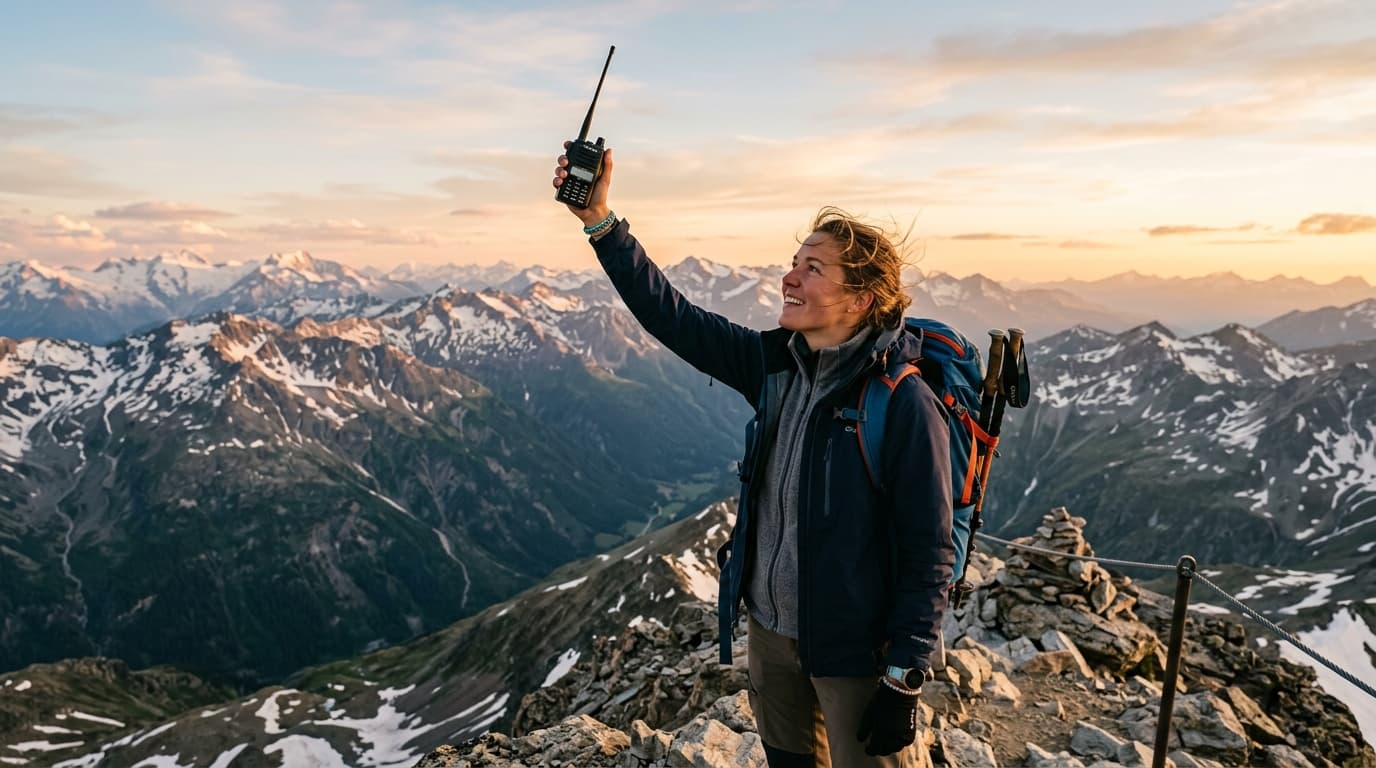 Person on a mountain summit holding a handheld ham radio