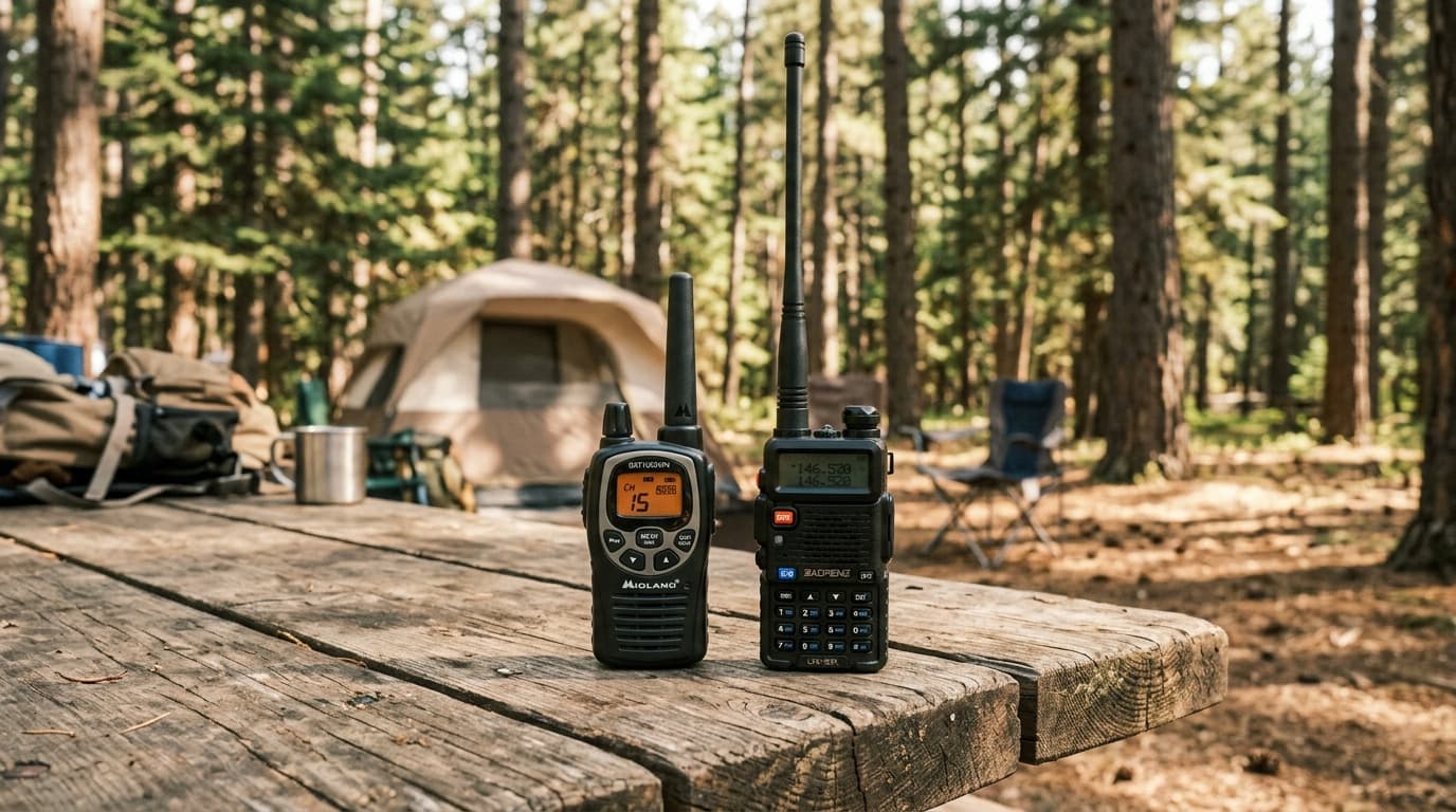 A GMRS handheld radio and a ham radio handheld side by side on an outdoor table