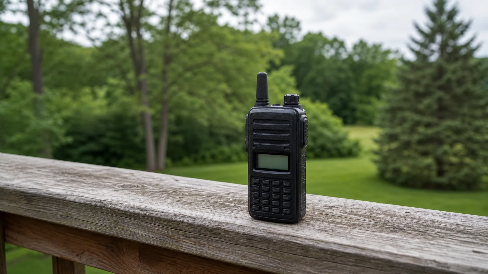 A dual-band VHF/UHF handheld radio with a stubby antenna resting on a wooden rail outdoors, photographed at medium distance