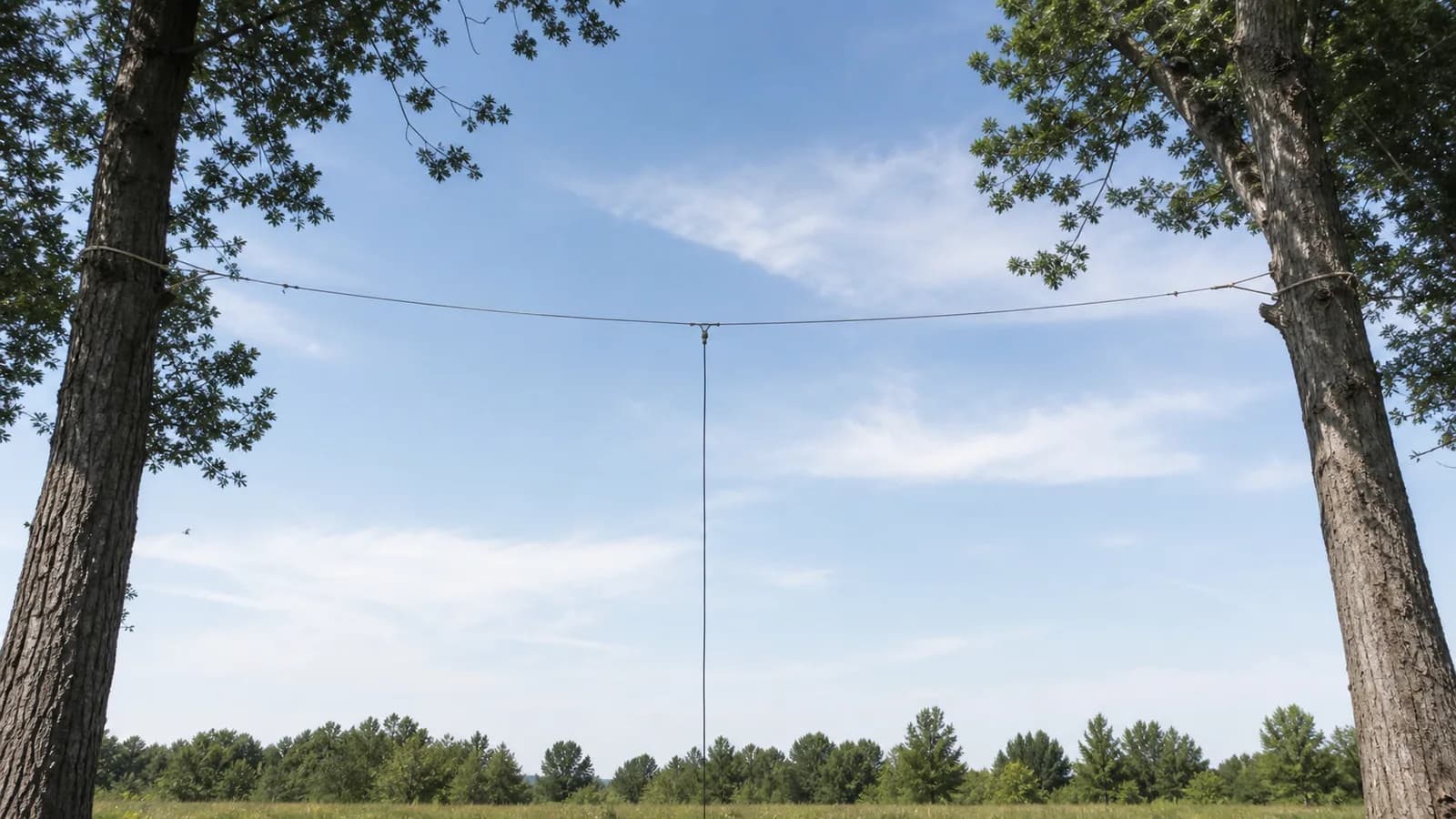 A thin wire HF dipole antenna strung between two trees against an open sky, with a feed line dropping down toward a station