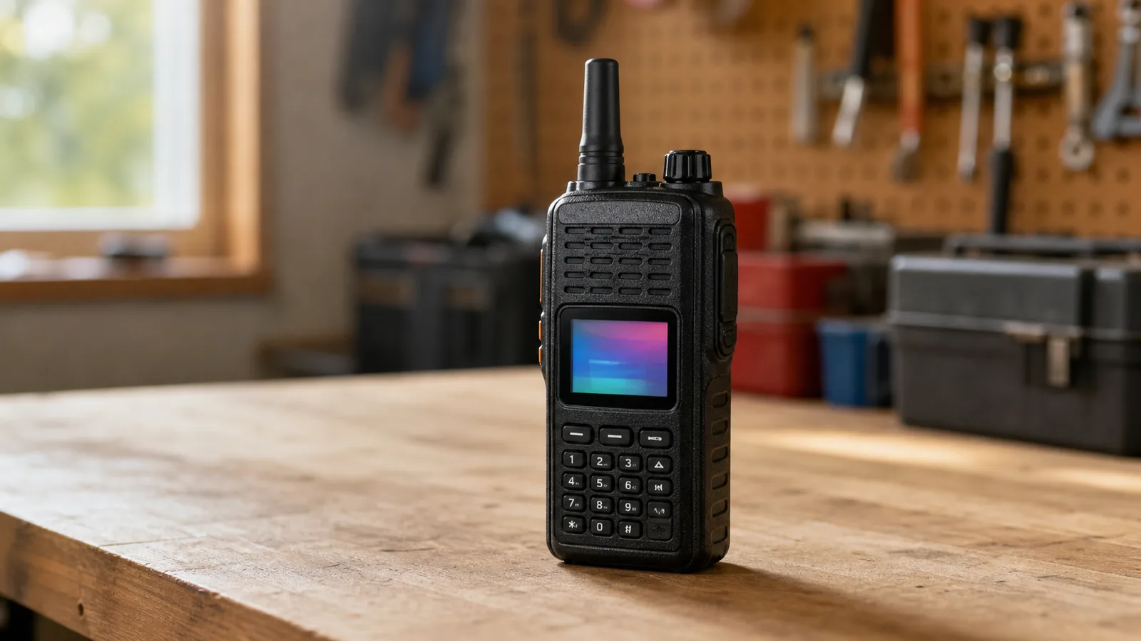 A digital handheld ham radio with a color display resting on a desk, photographed at medium distance