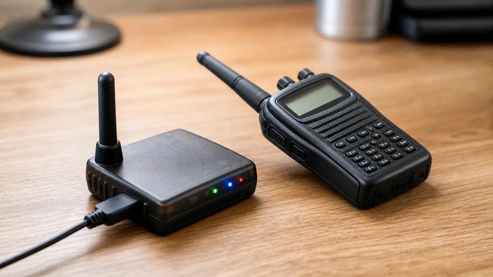 A small single-board digital hotspot device with a short antenna and status LEDs sitting on a desk next to a handheld radio