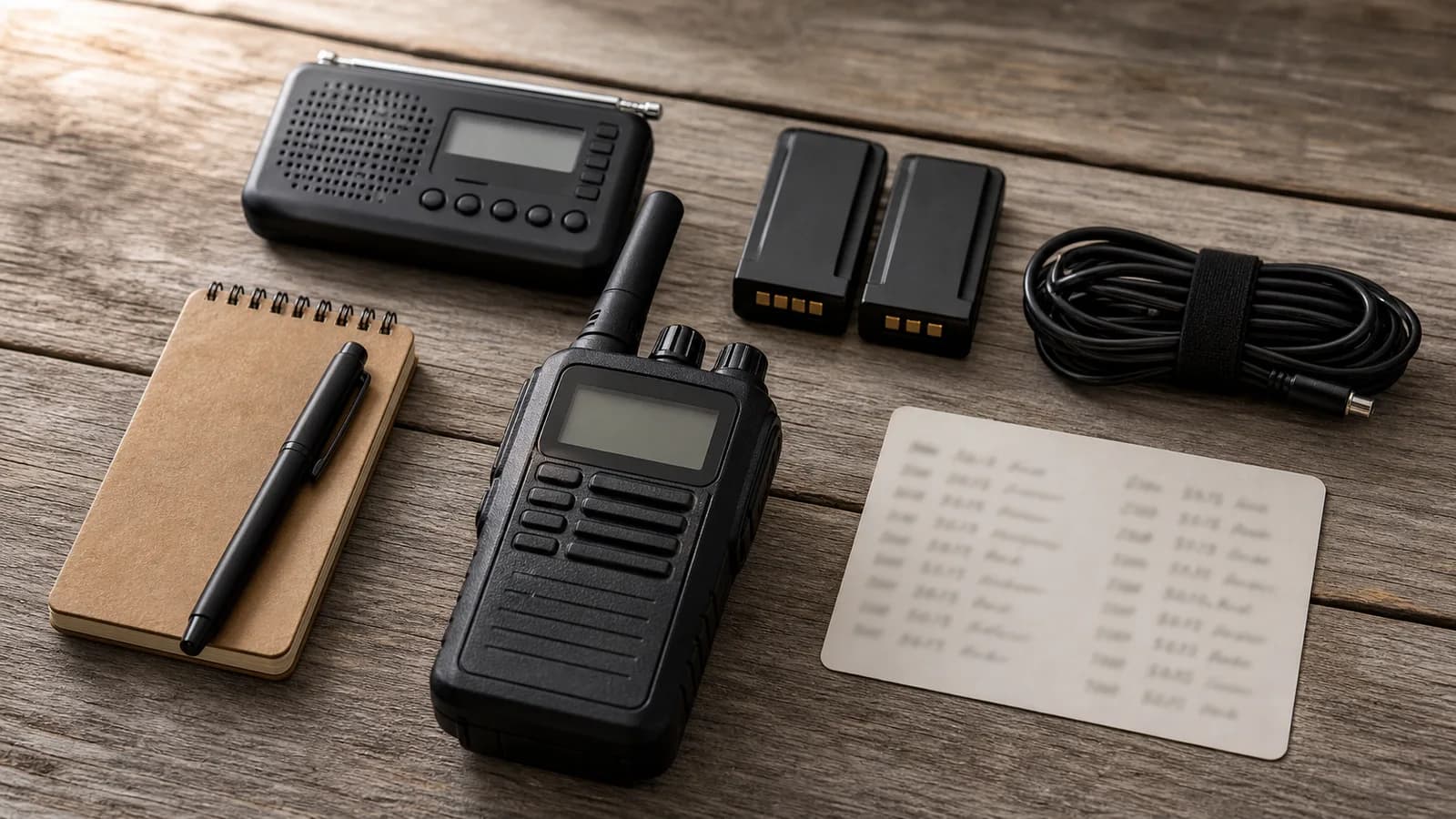 An emergency radio go-kit with a handheld radio, spare batteries, and a printed frequency list