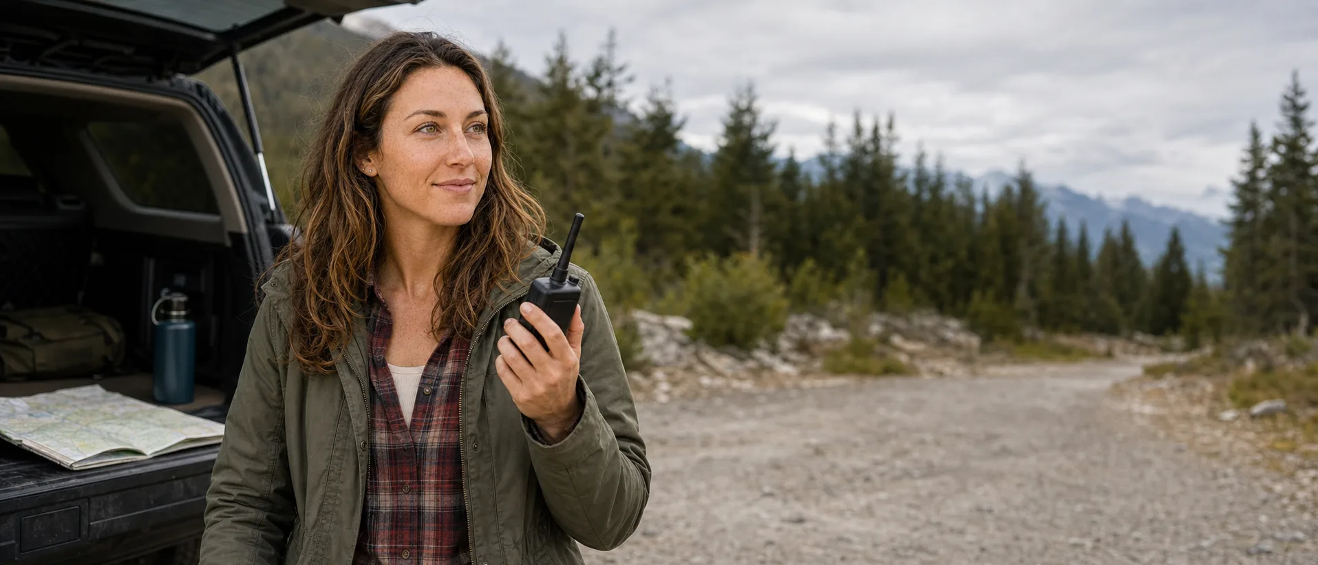 A handheld ham radio and a printed frequency card in an emergency go-kit