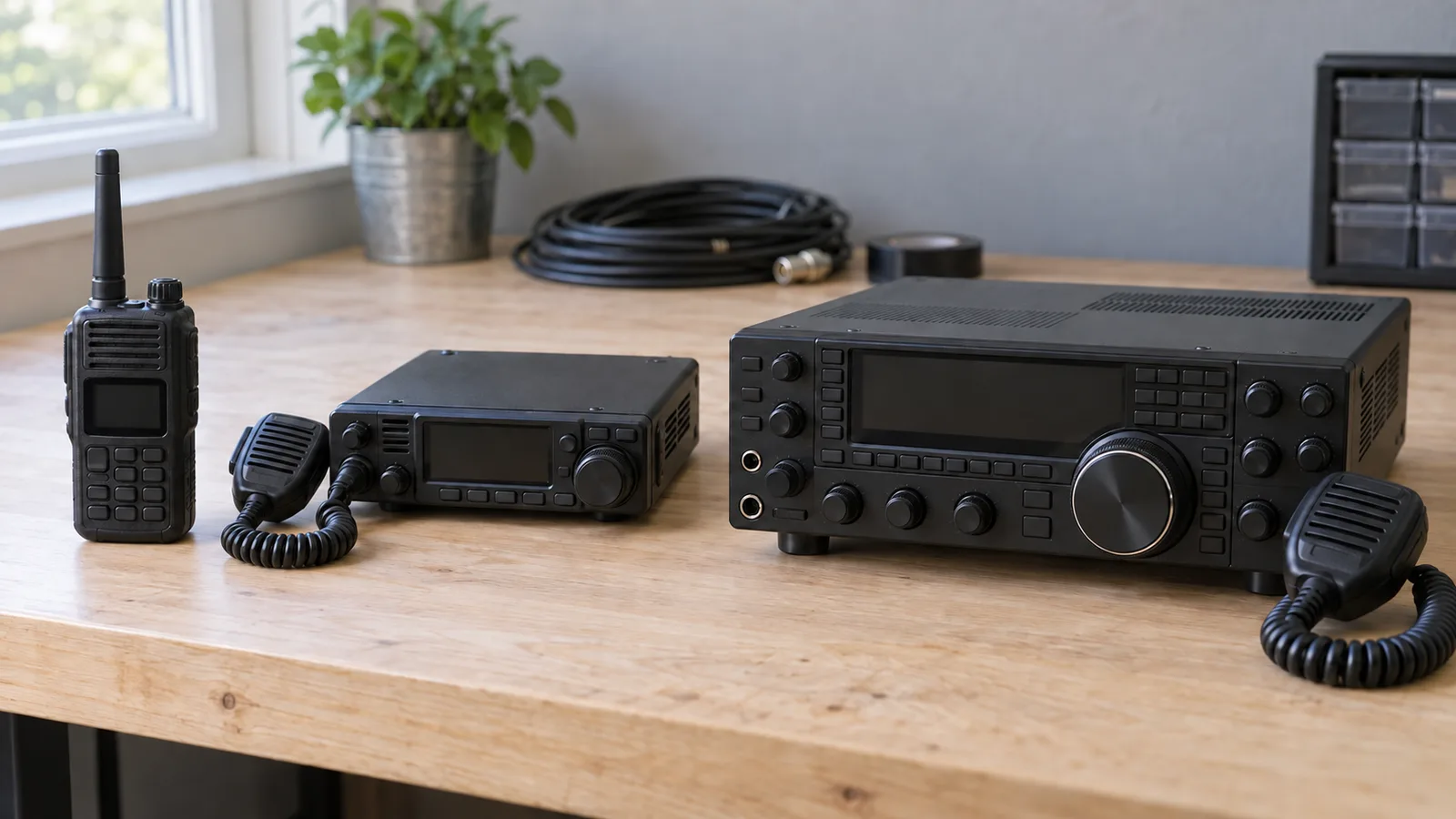 A handheld radio, a compact mobile transceiver and a larger HF transceiver lined up left to right on a workbench