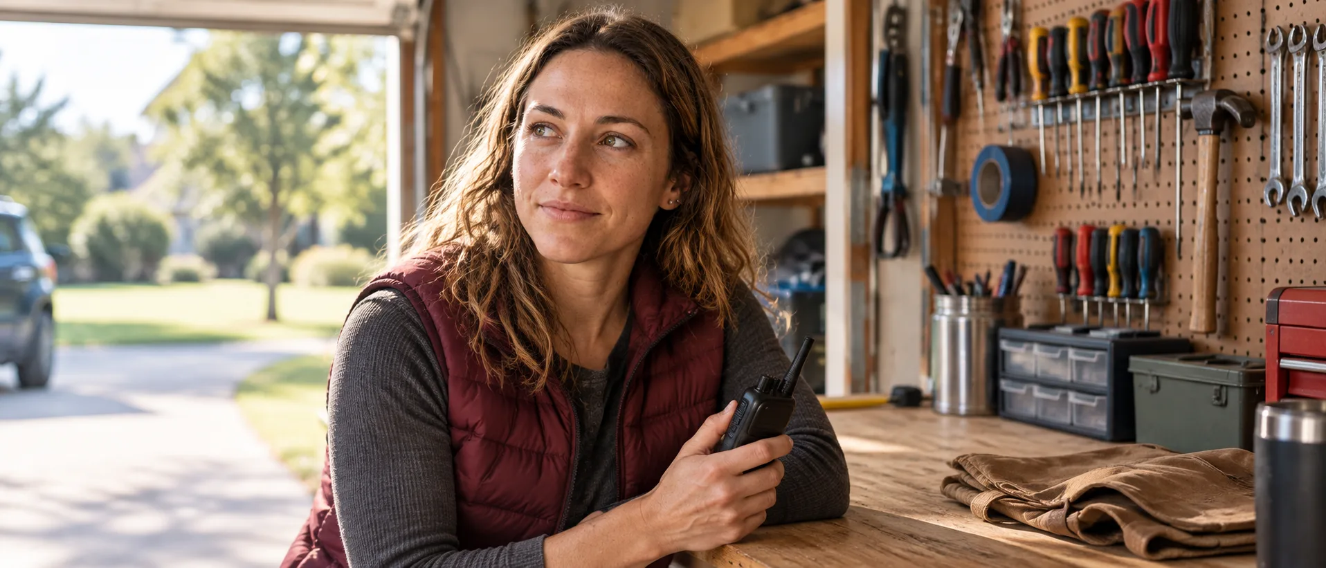 Ham operator at an open garage workbench holding a handheld radio, weighing which FCC license level she needs