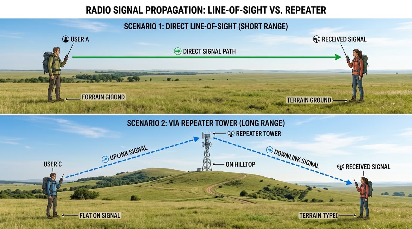 Diagram showing direct line-of-sight radio signal and a repeater-assisted signal path