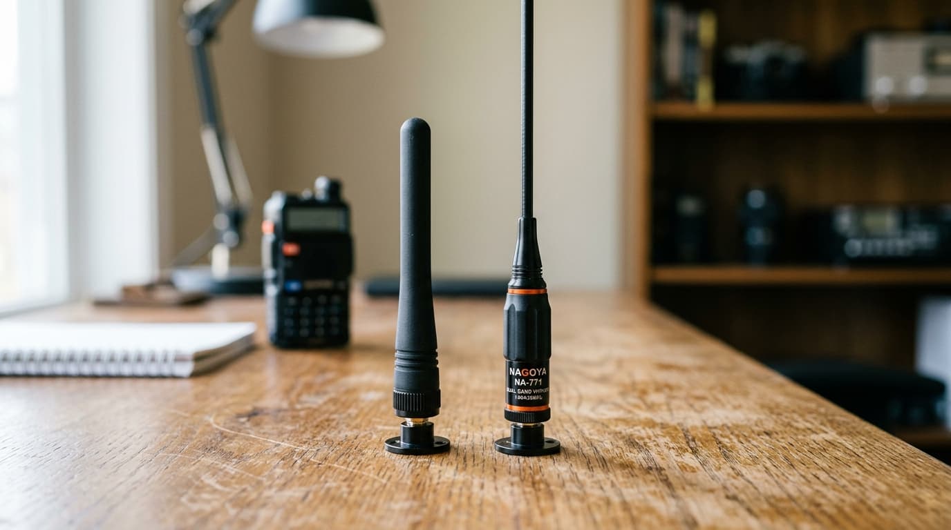 Side-by-side comparison of a short rubber duck antenna and a taller aftermarket whip antenna