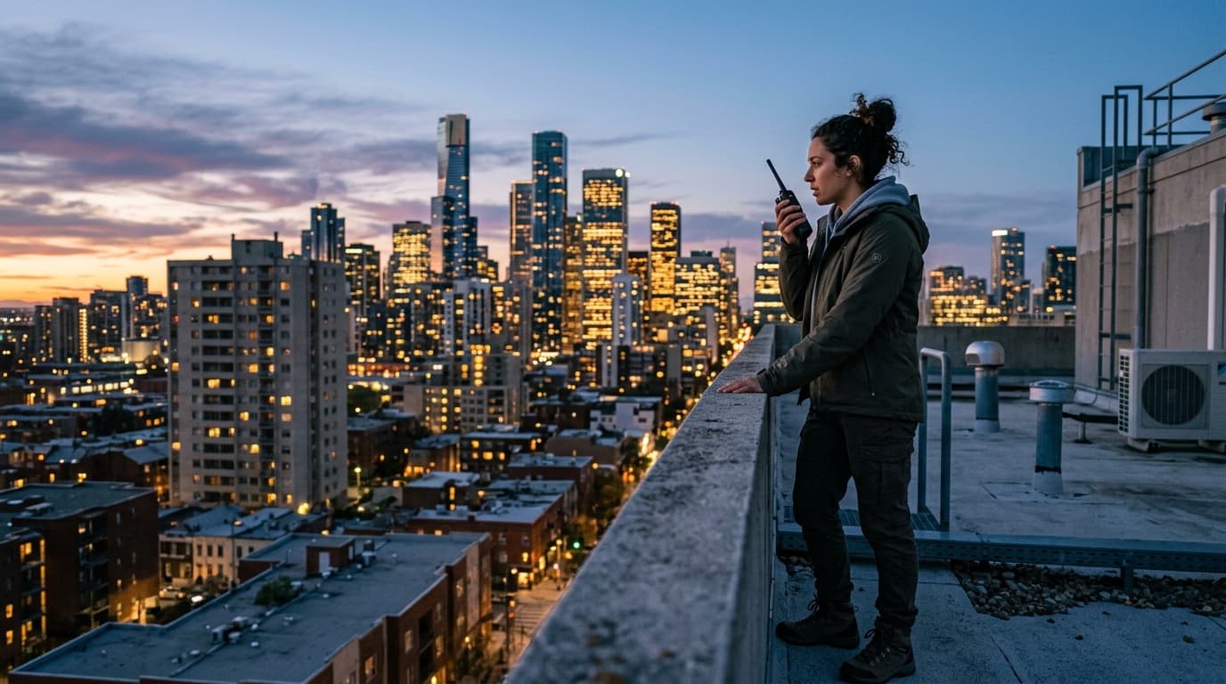 Person on an urban rooftop holding a handheld radio with a city skyline in the background