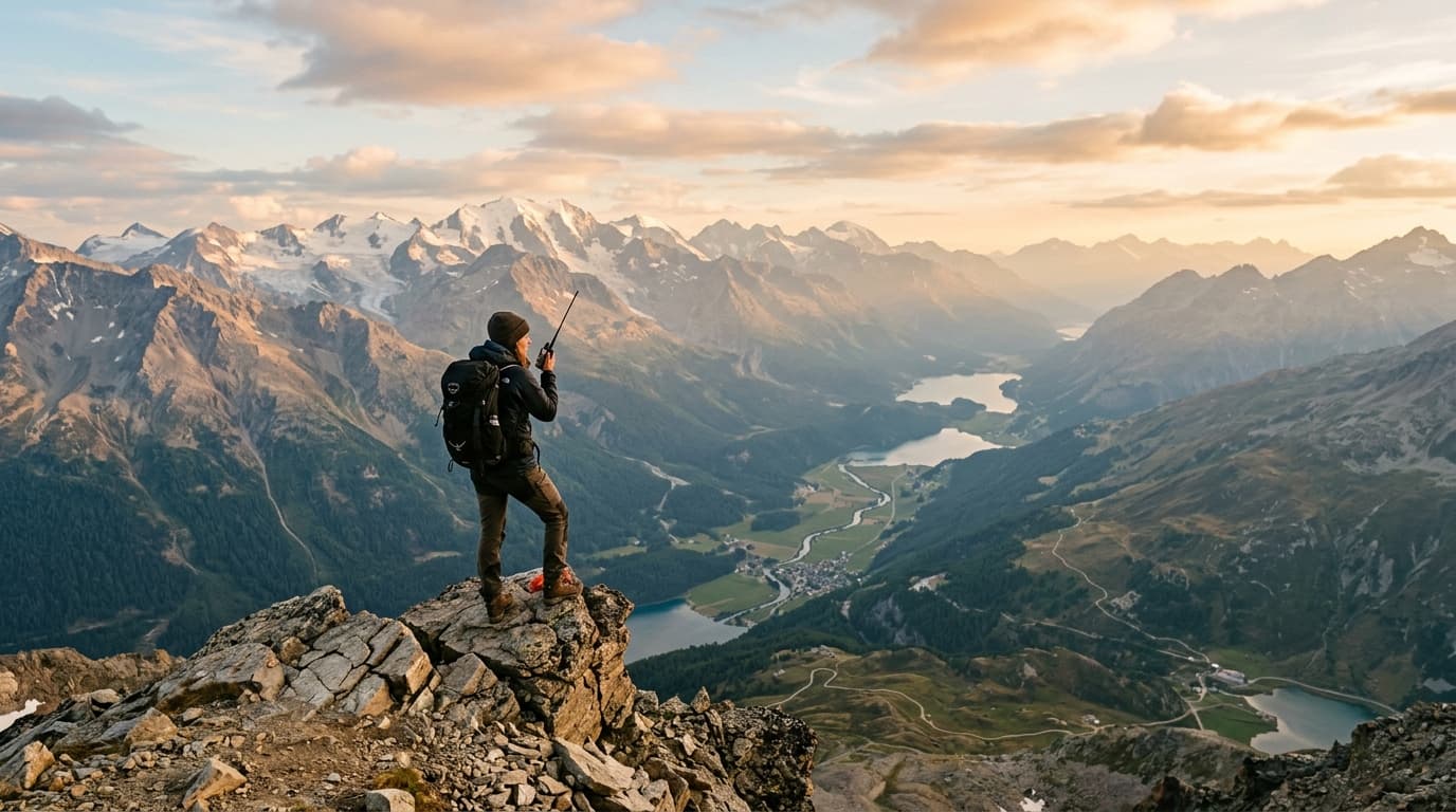 Ham radio operator on a mountaintop holding a handheld radio with a wide valley landscape stretching into the distance