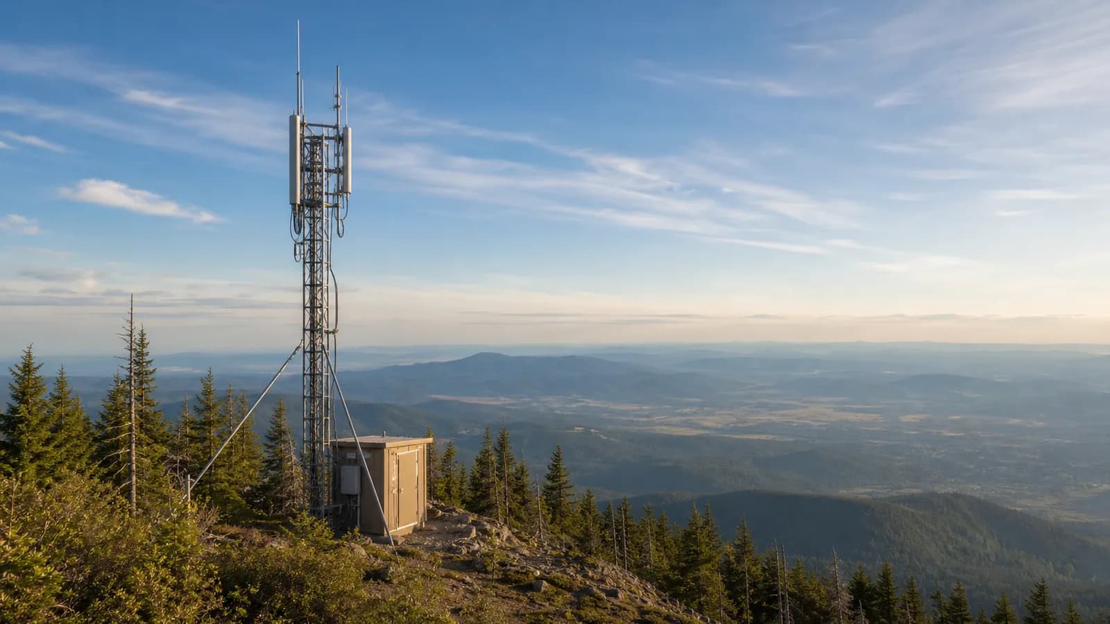 A VHF/UHF repeater antenna mounted on a tower on a forested ridgeline