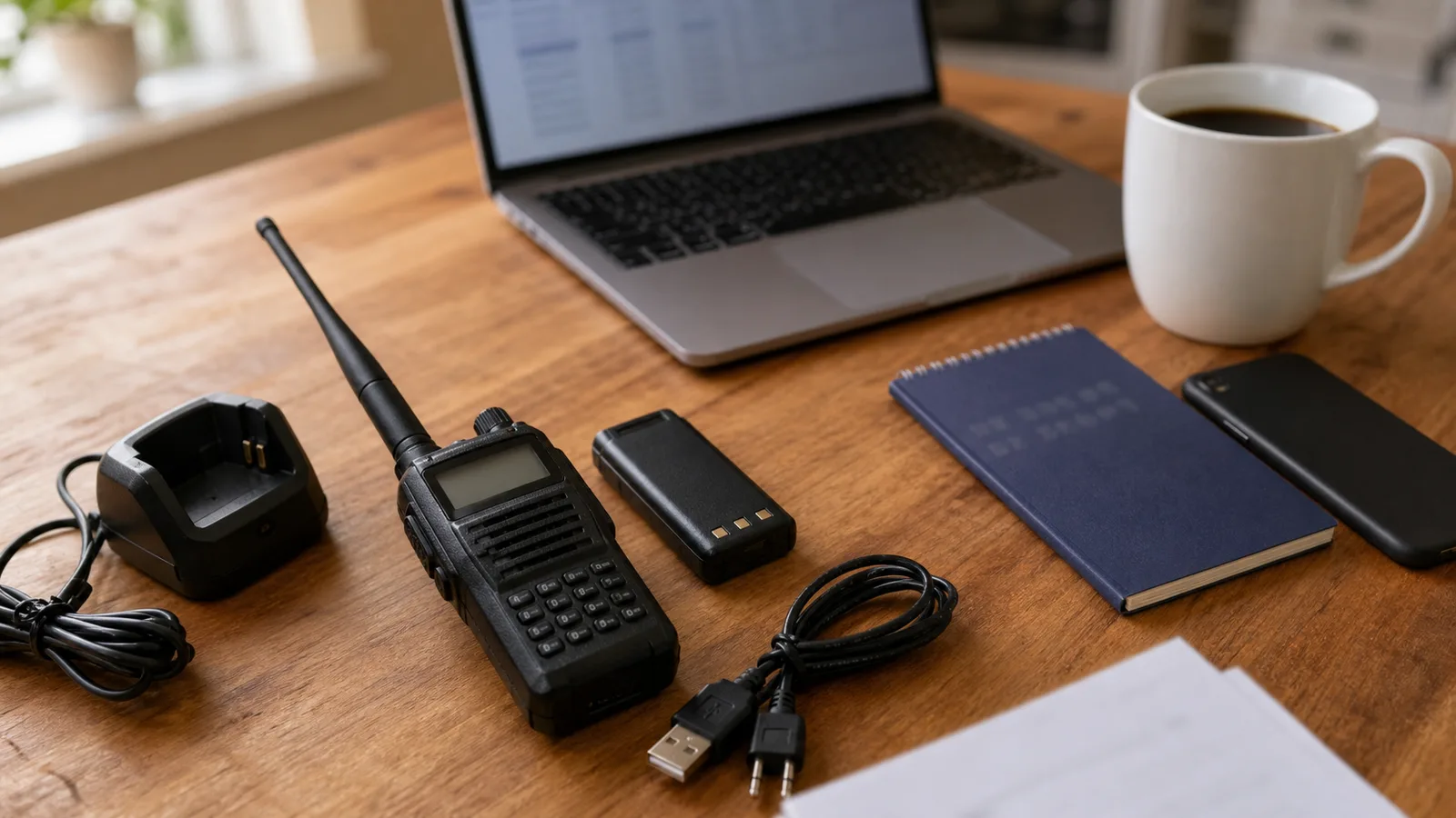 Hands holding a handheld ham radio fresh out of the box, inspecting the antenna threads, battery and charger visible on the table below