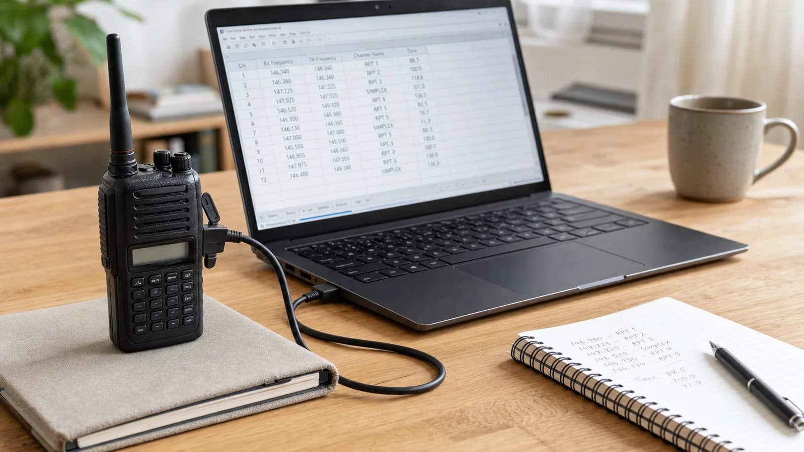 A handheld ham radio connected by a USB programming cable to a laptop running CHIRP, with a spreadsheet of repeater frequencies visible on screen