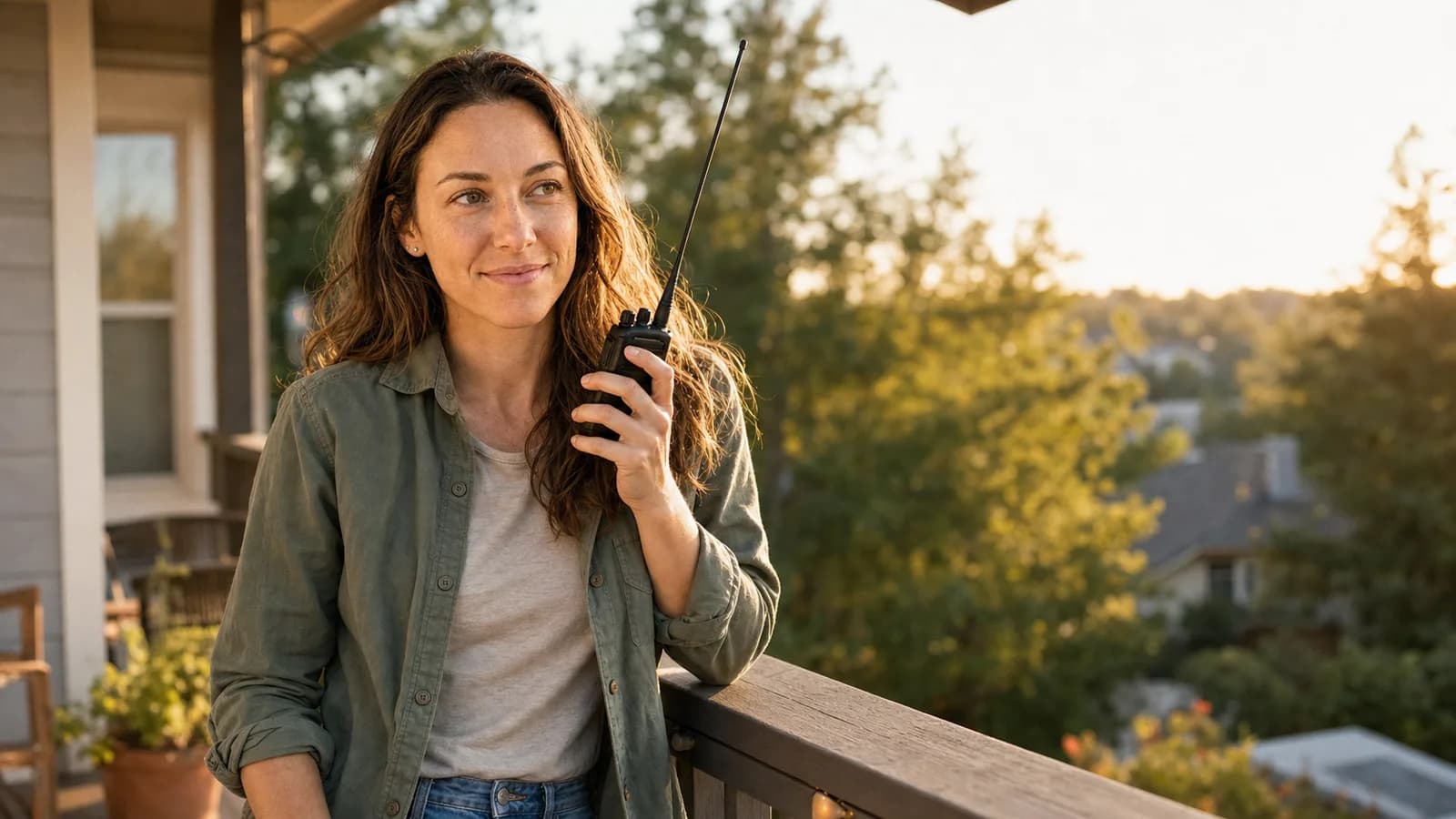 A ham operator outside on a porch at golden hour, handheld radio raised to her mouth as she keys up for a first repeater contact, an upgraded long whip antenna visible against the sky