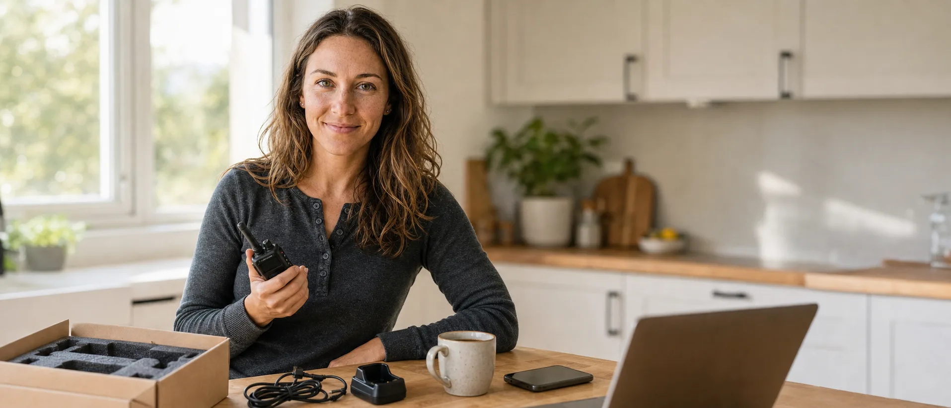 A new ham operator's first-day kit laid out at a sunlit kitchen table: handheld radio in the box, battery, charger, USB programming cable, laptop with CHIRP open, and a printed call-sign sheet