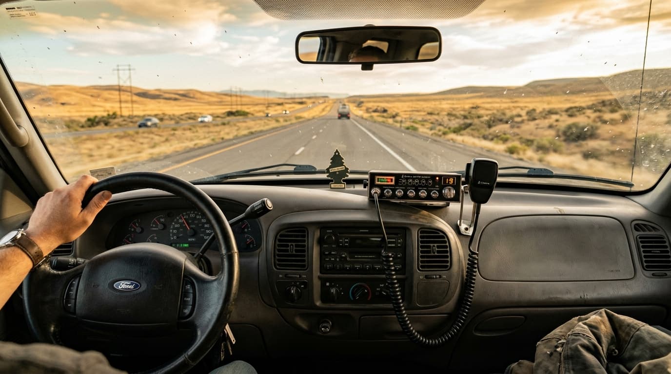 CB radio mounted in a pickup truck cab with a highway visible through the windshield