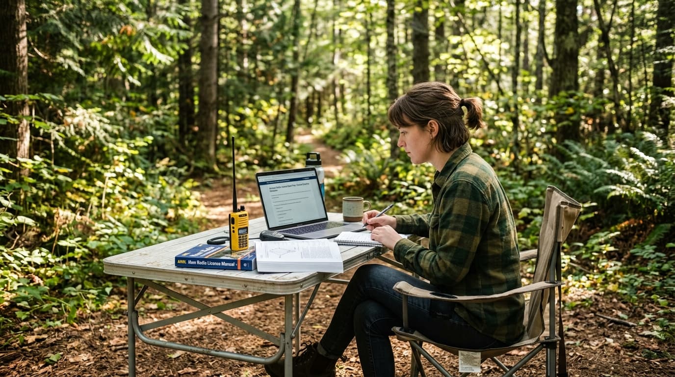 Person studying for a ham radio exam at a camp table in a forest clearing