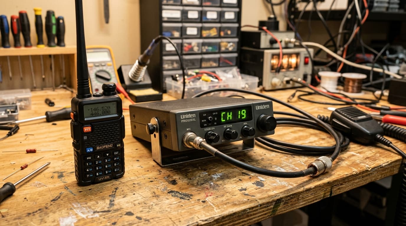 A Baofeng handheld ham radio next to a CB mobile radio on a workshop bench