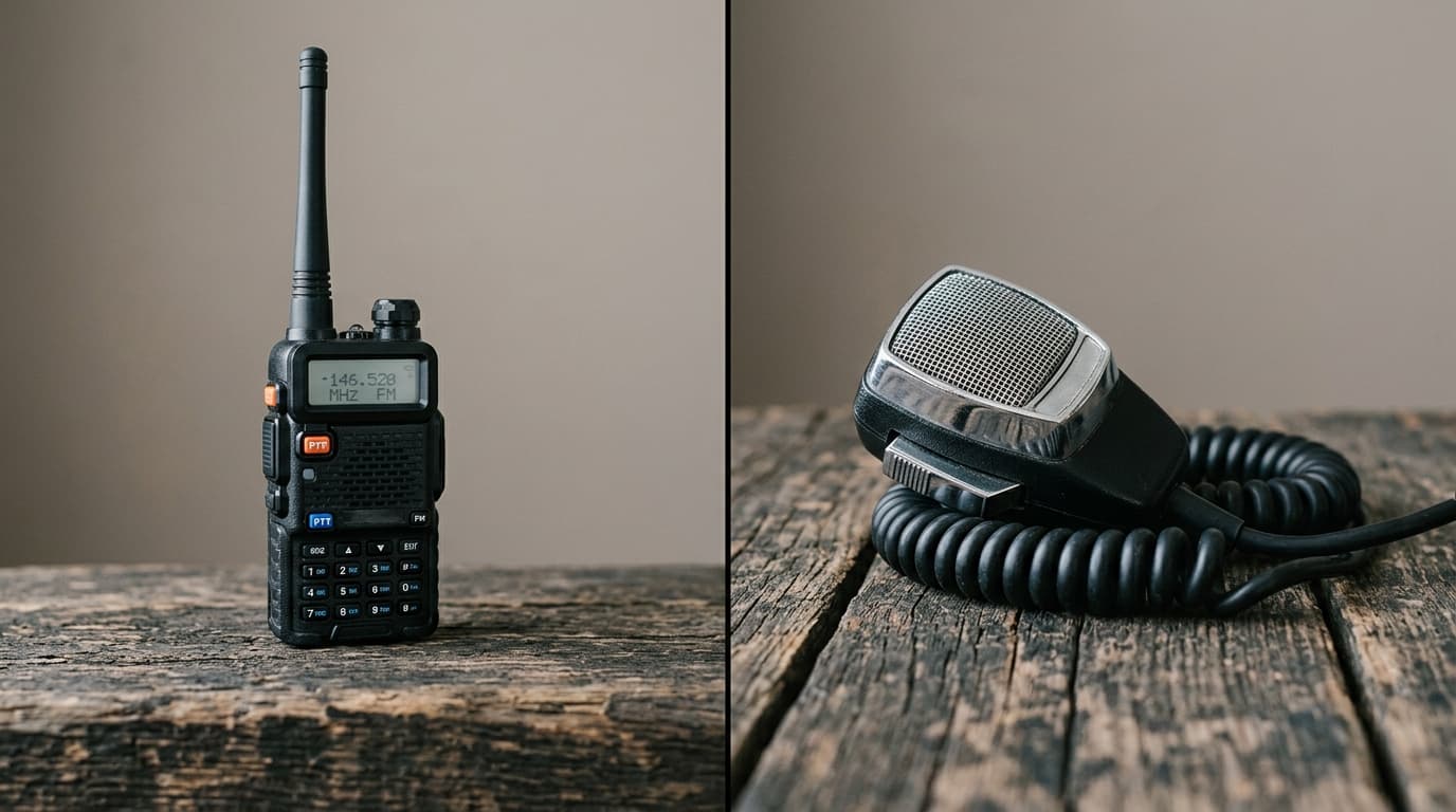 A handheld ham radio and a CB radio microphone side by side on a truck dashboard