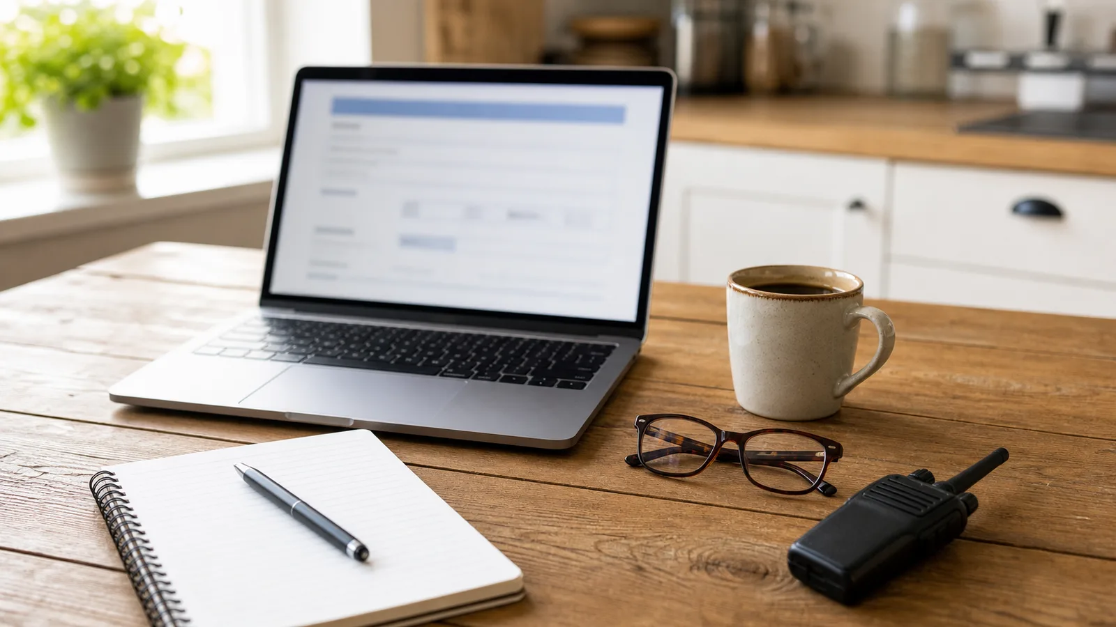 Laptop with government paperwork forms on screen, notebook and coffee beside it on a kitchen table