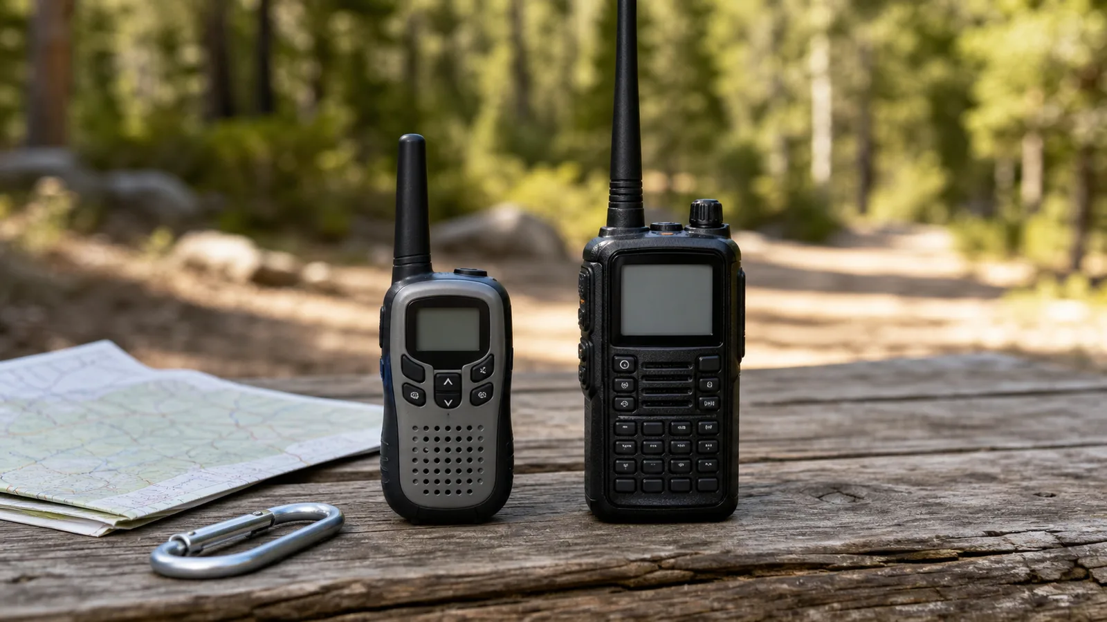 Two handheld radios side by side on a picnic table, one with a compact antenna and one with a long whip antenna