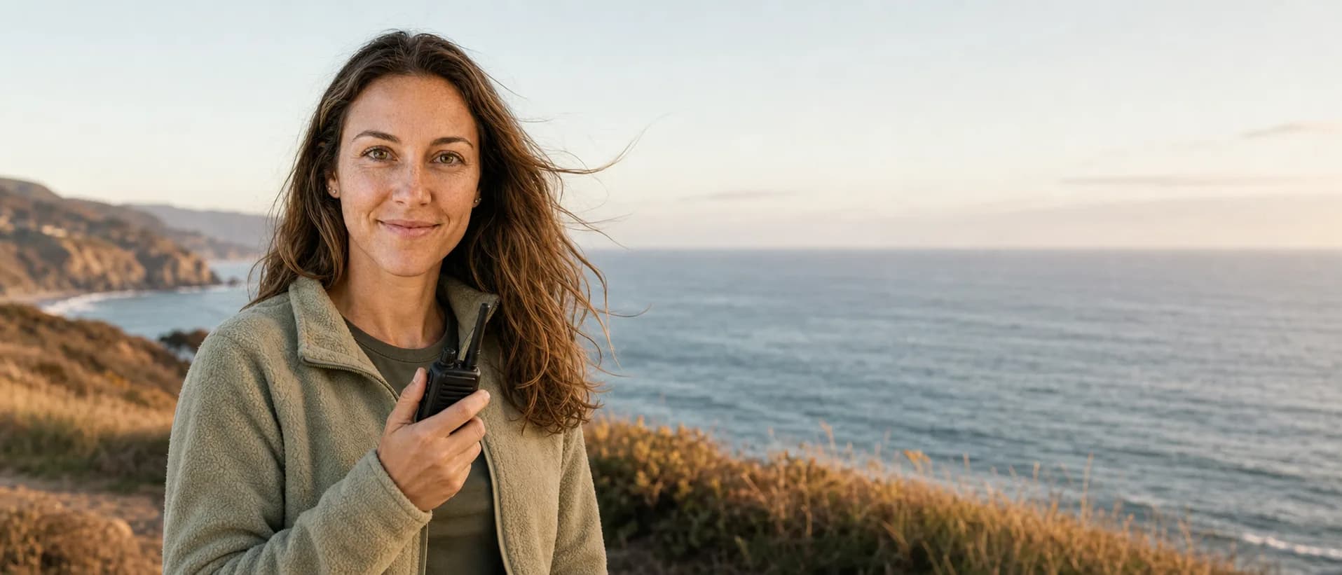 Woman holding a GMRS handheld radio on a coastal bluff in late afternoon light