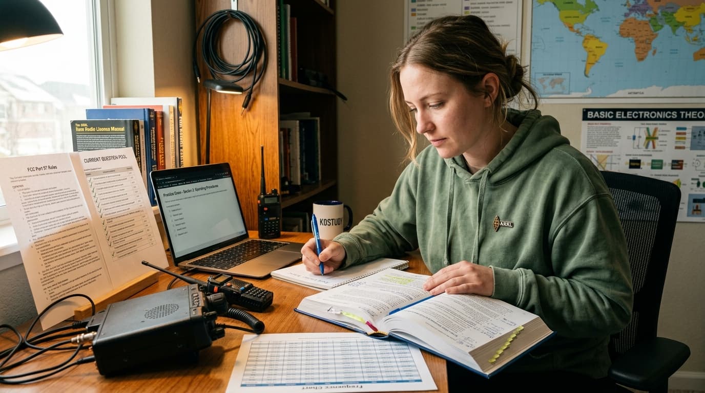 Ham radio operator studying for the Technician license exam