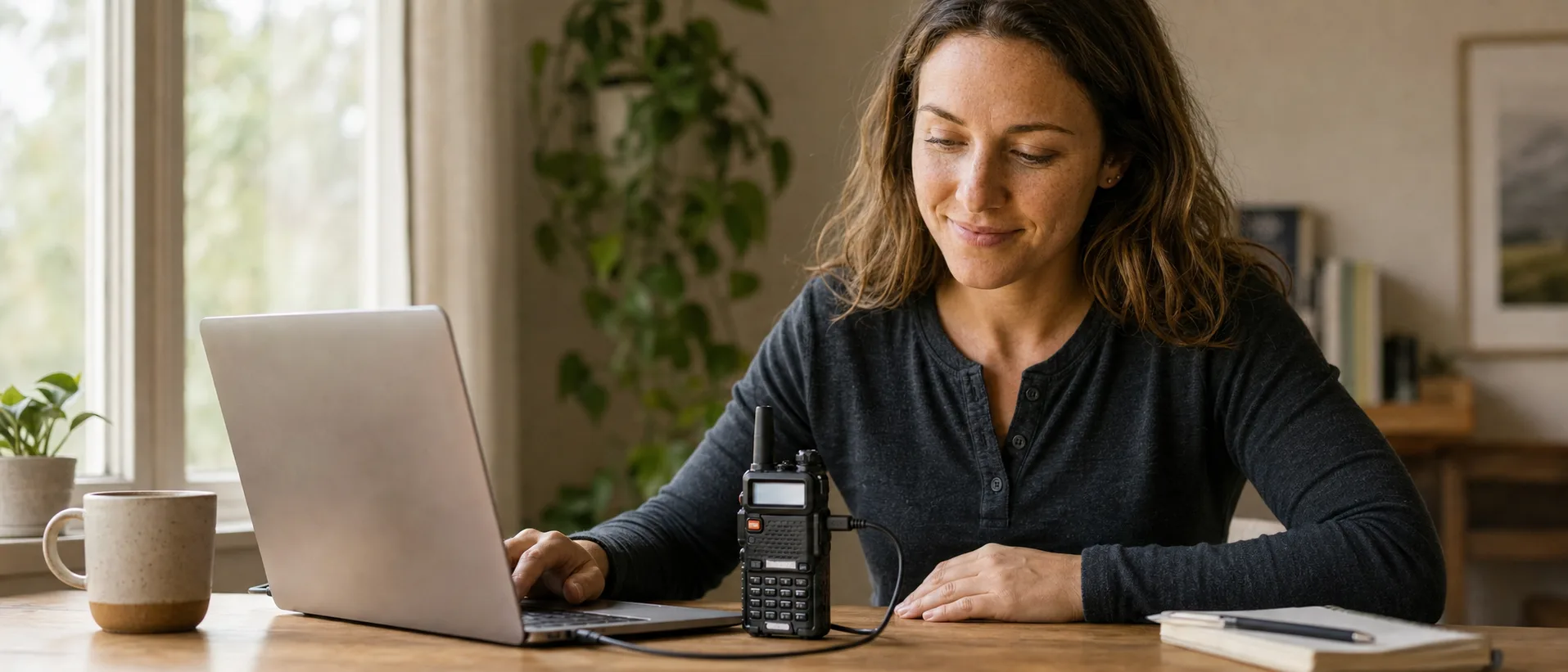 Baofeng UV-5R connected by USB programming cable to a laptop running CHIRP on a wooden desk