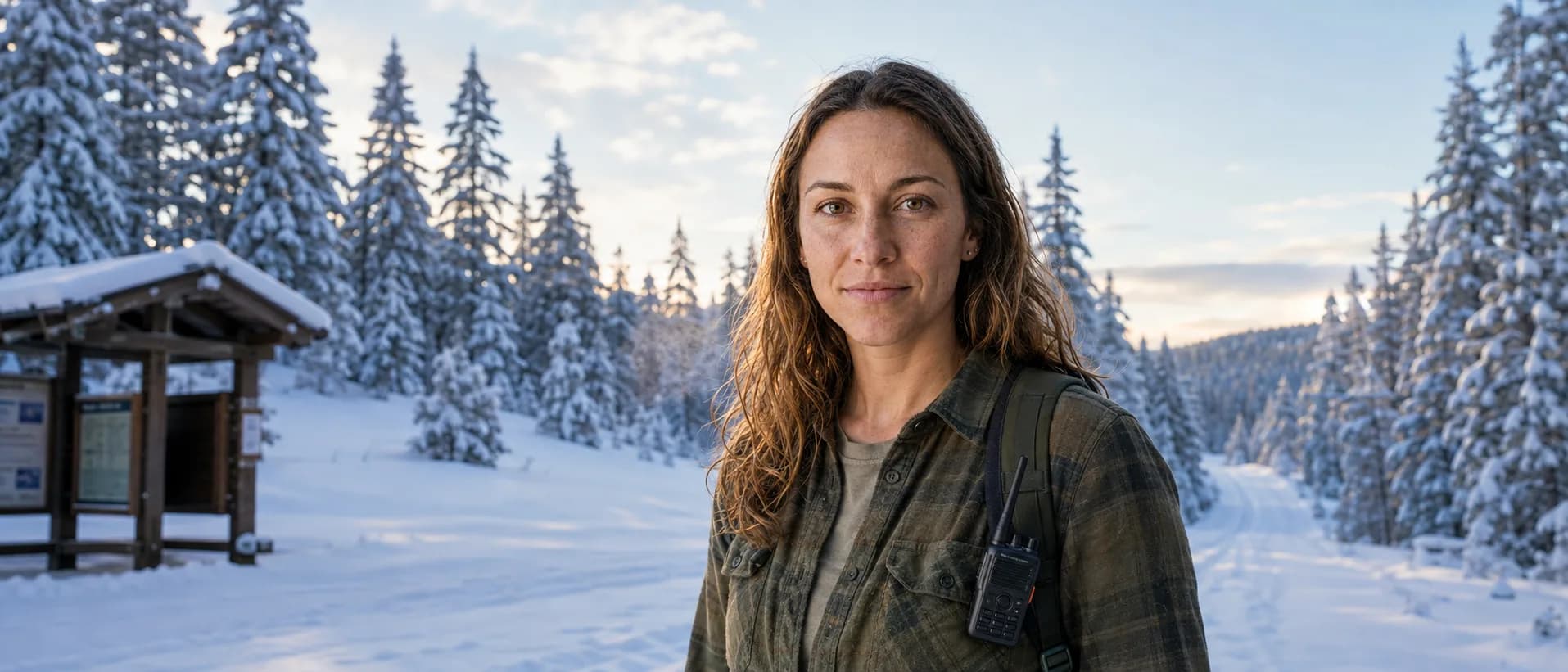 Ham radio operator at a snowy trailhead with a handheld radio clipped to her pack strap