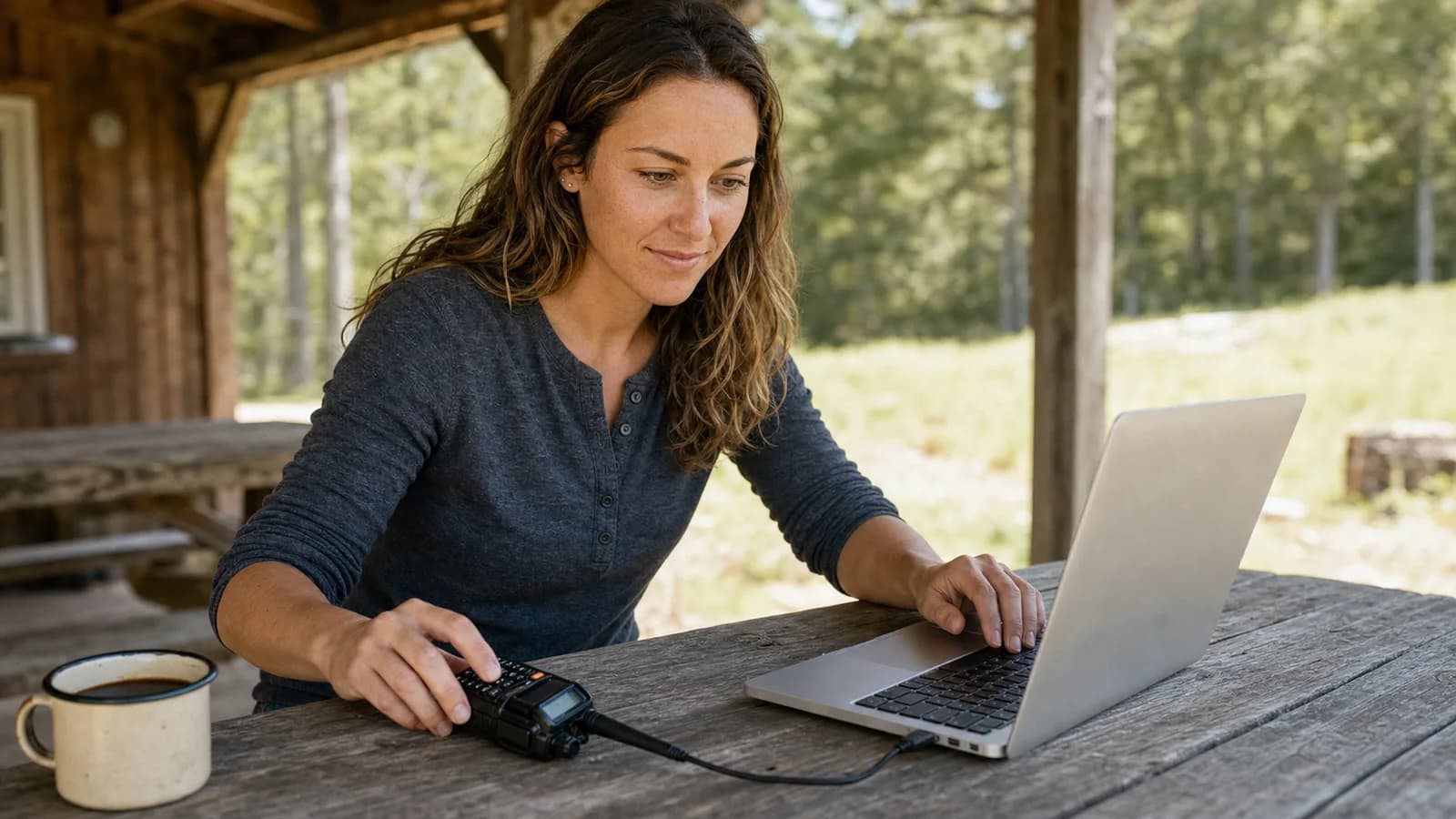 A ham operator programming a Baofeng UV-5R with a USB cable and laptop at an outdoor picnic table
